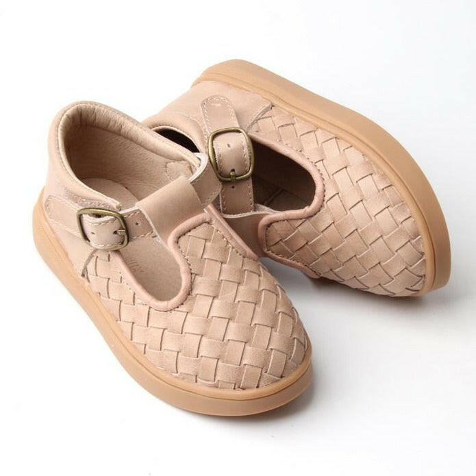 Leather Woven T-Bar | Color 'Stone' | Hard Sole Consciously Baby 5 (12 - 18 months)