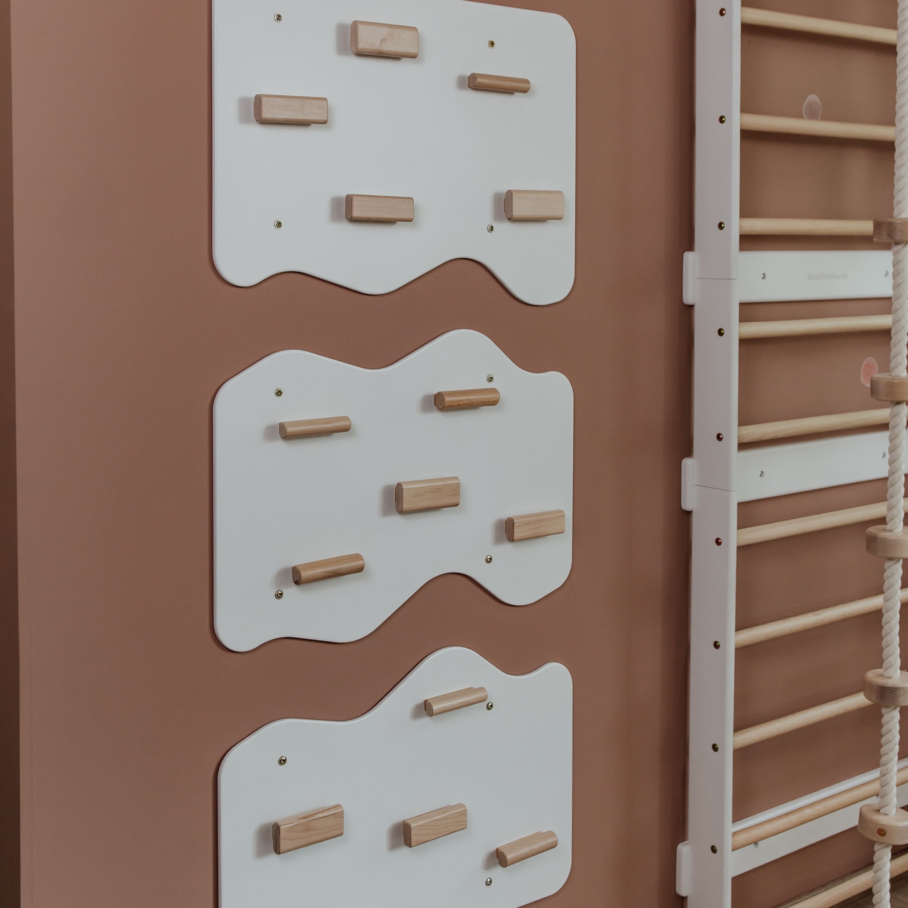 Indoor Rock Wall with Cloud-Shaped Panels & Wooden Climbing Holds for Kids 3-10