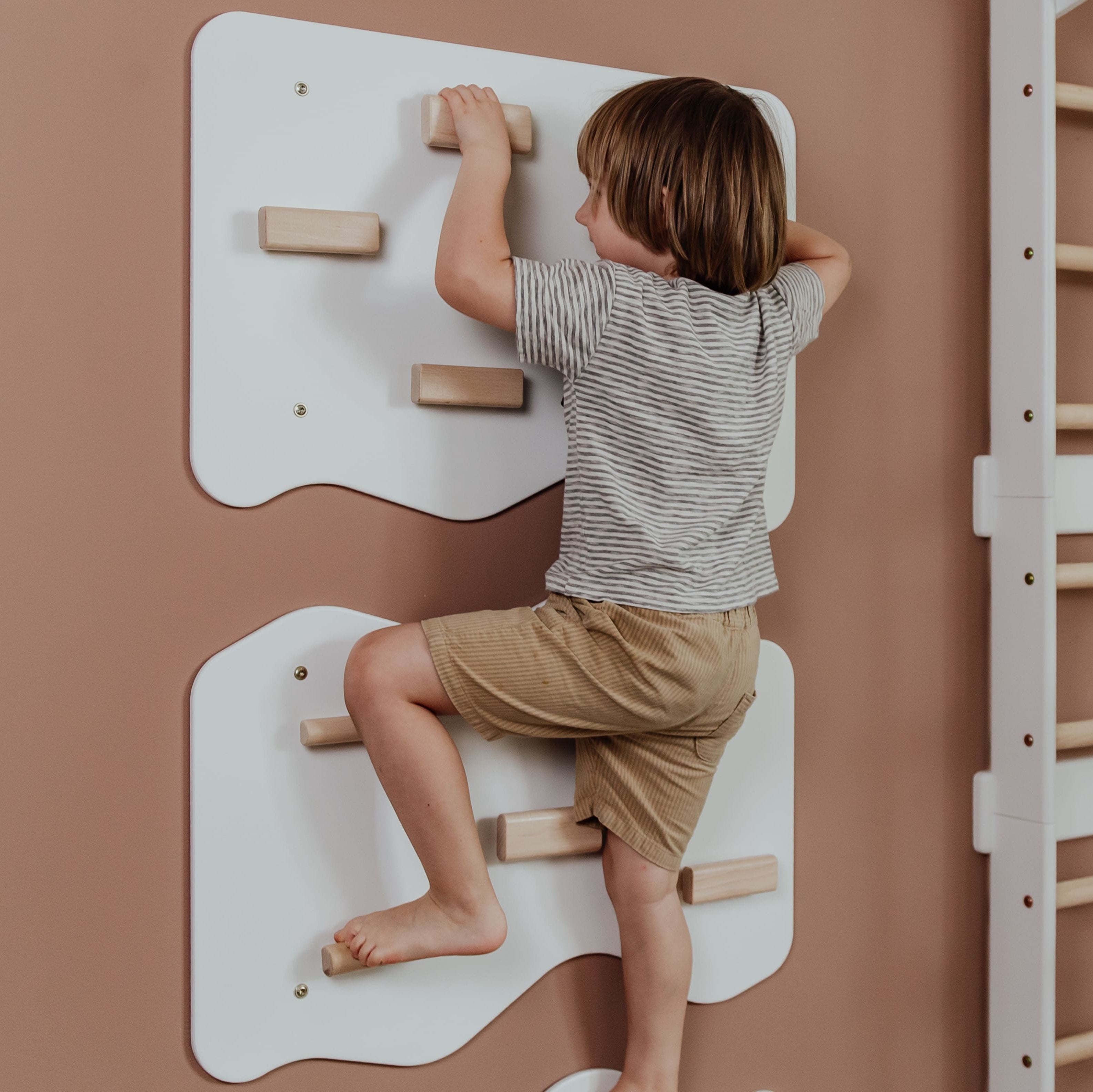 Indoor Rock Wall with Cloud-Shaped Panels & Wooden Climbing Holds for Kids 3-10