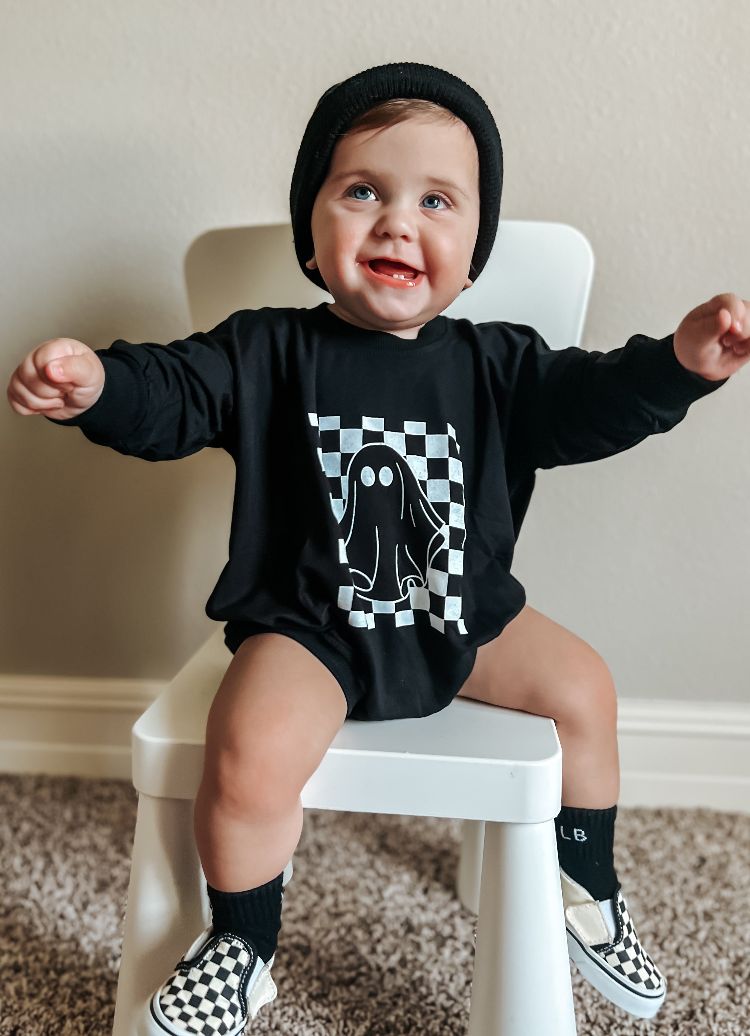 Checkered Ghost Bamboo Sweatshirt Romper