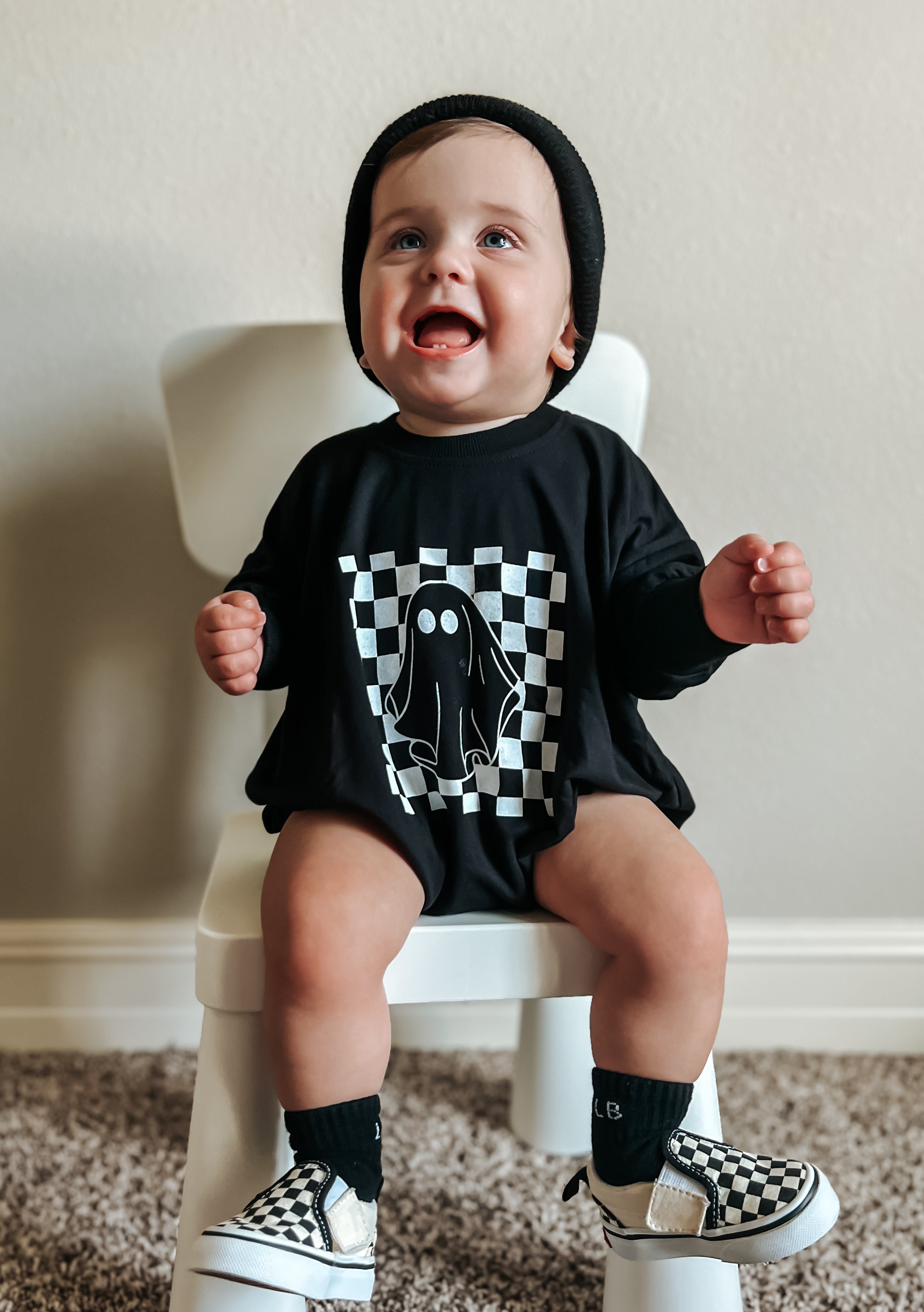 Checkered Ghost Bamboo Sweatshirt Romper