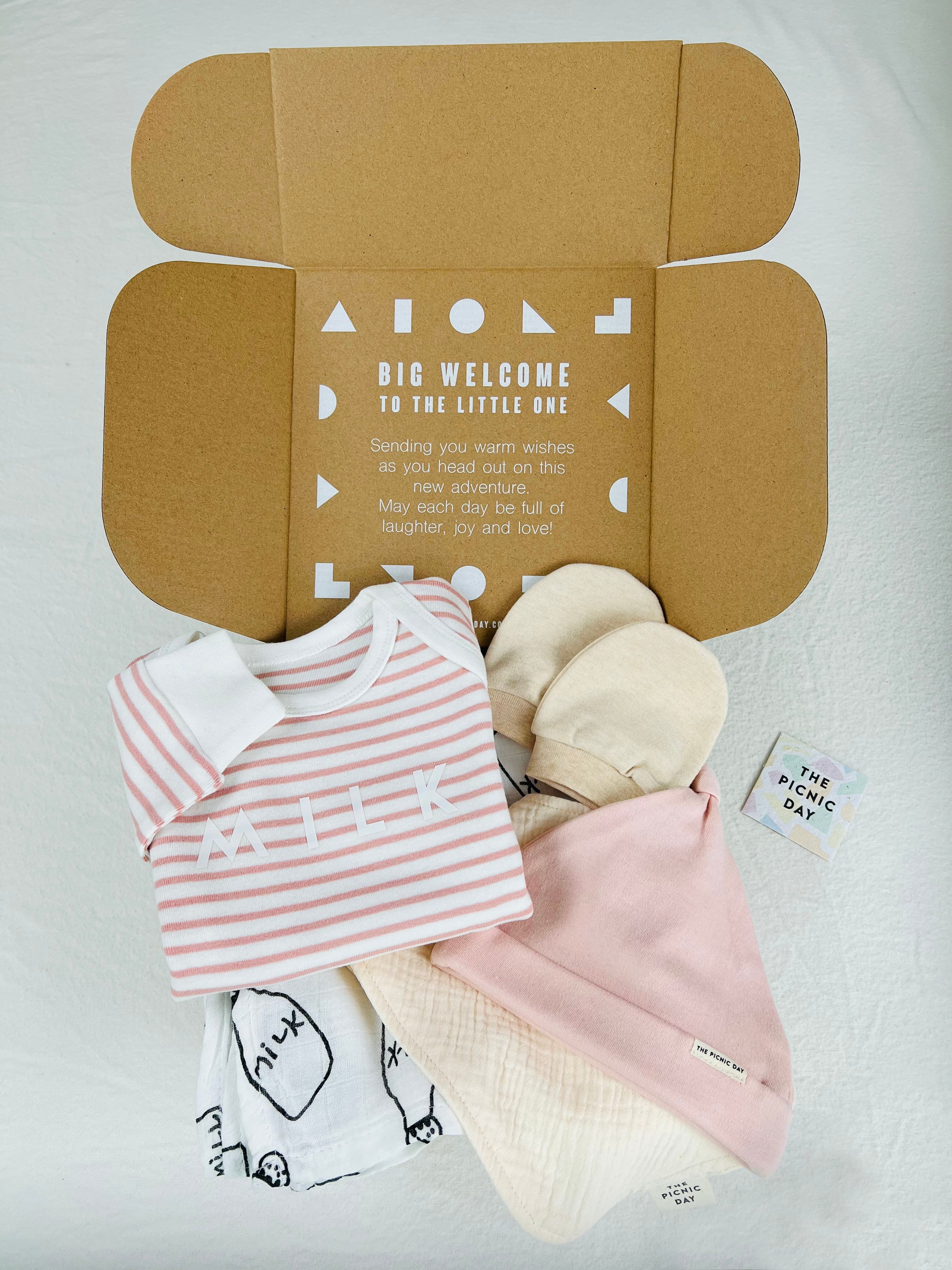 Stripe Organic Baby Gift Bundle Pink gift bundle set The picnic day 3-6m