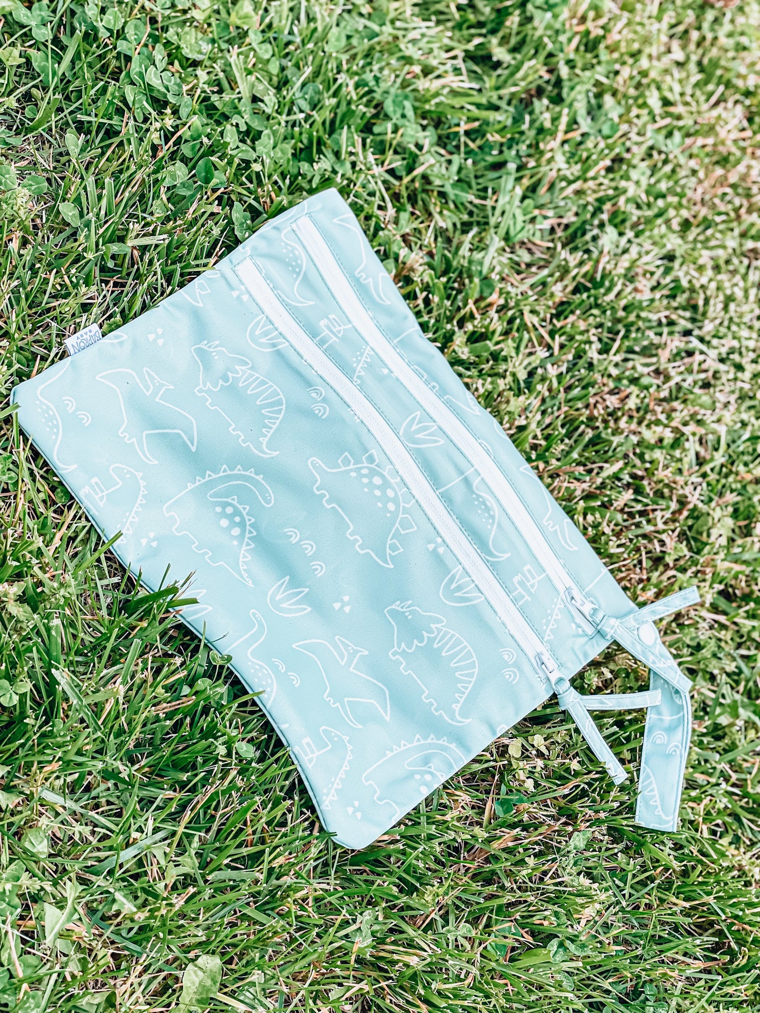 Dino Friends - Sage - Waterproof Wet Bag (For mealtime, on-the-go, and more!) BapronBaby