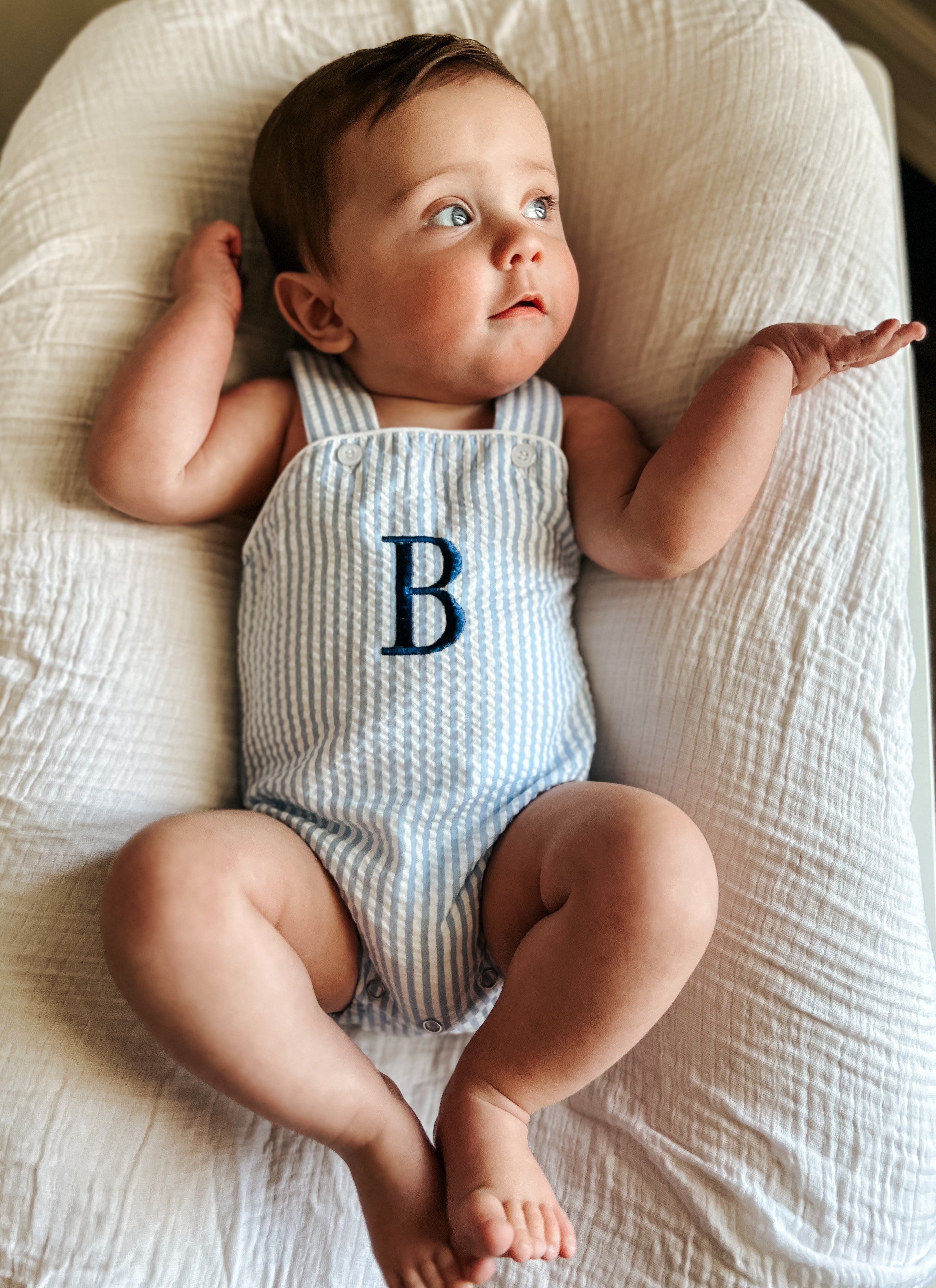 Custom Embroidered Blue Striped Seersucker Sunsuit