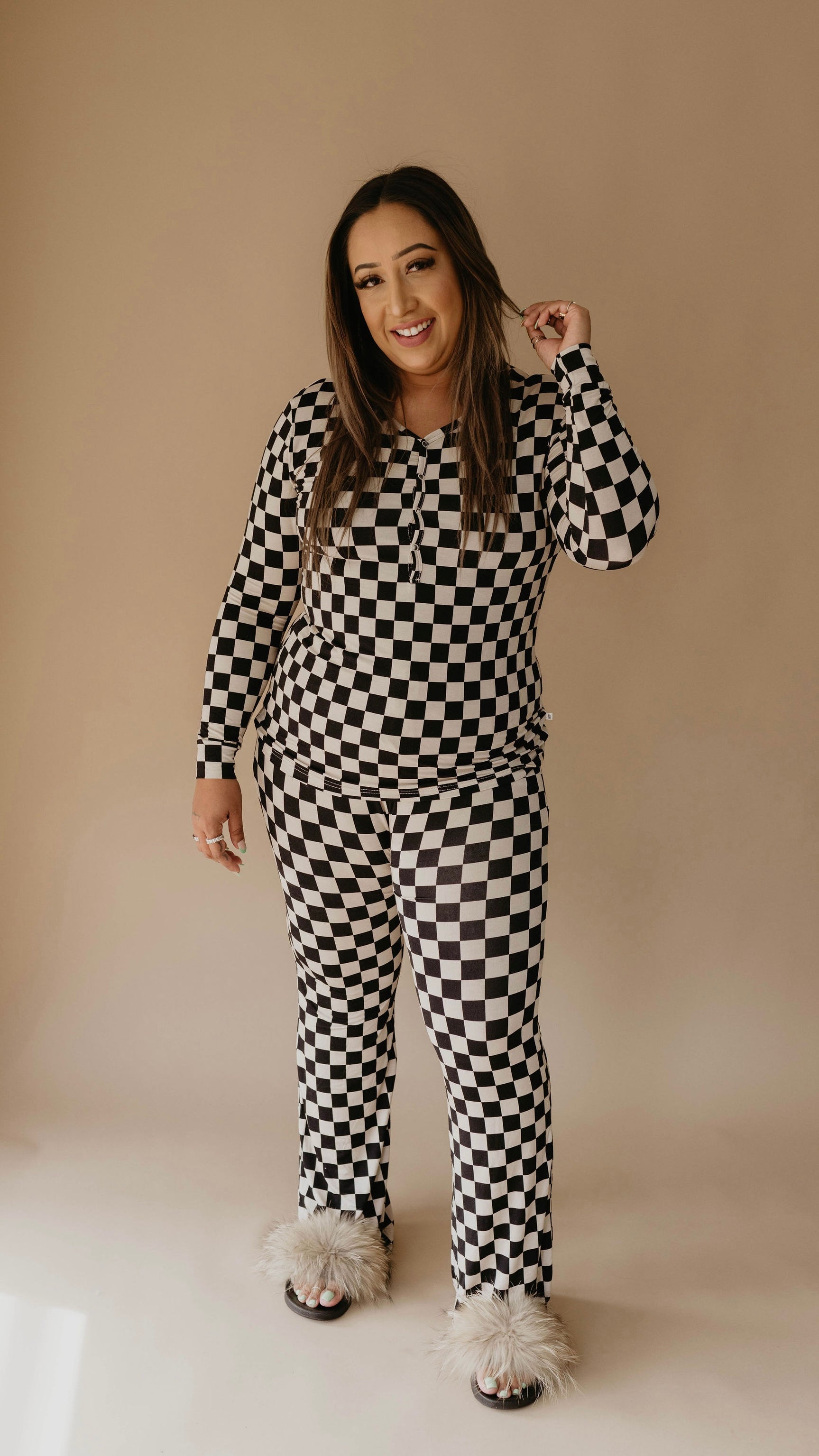 Women's Long Sleeve Bamboo Pajama | Black Checkerboard