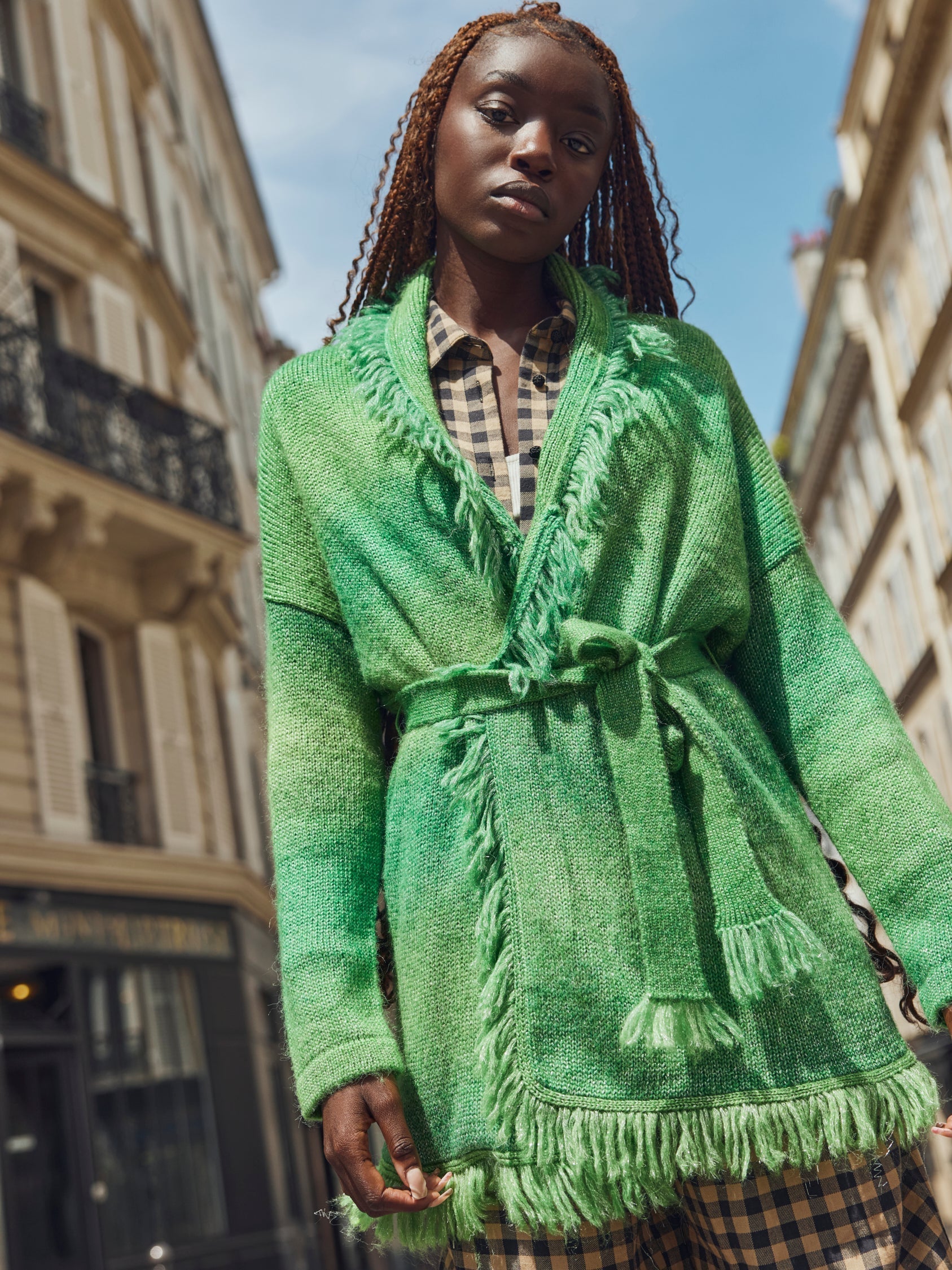 Tatiana Fringe Wrap Cardigan - Green Shimmer