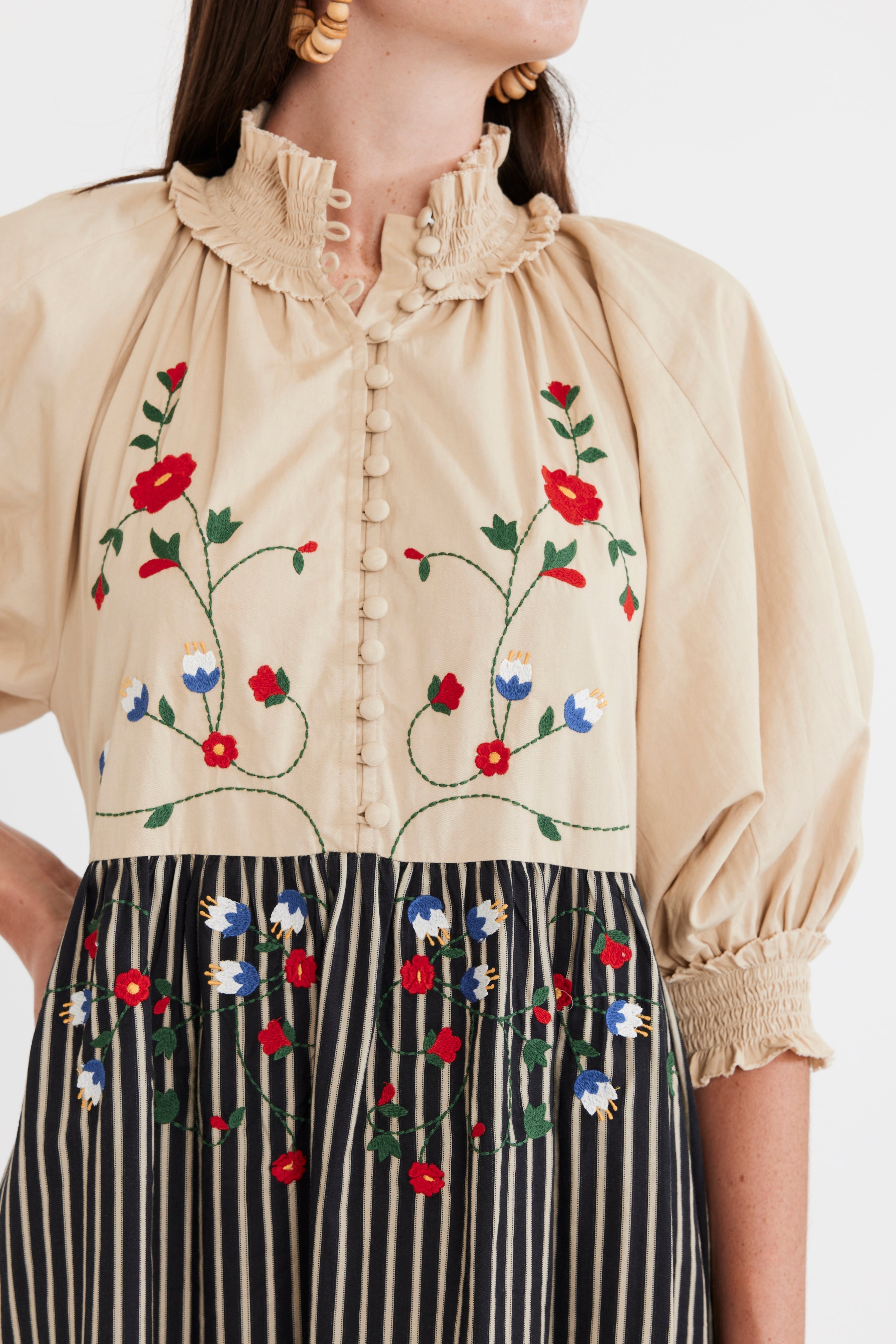 Eliza Embroidered Maxi Dress - Black & Khaki Stripe