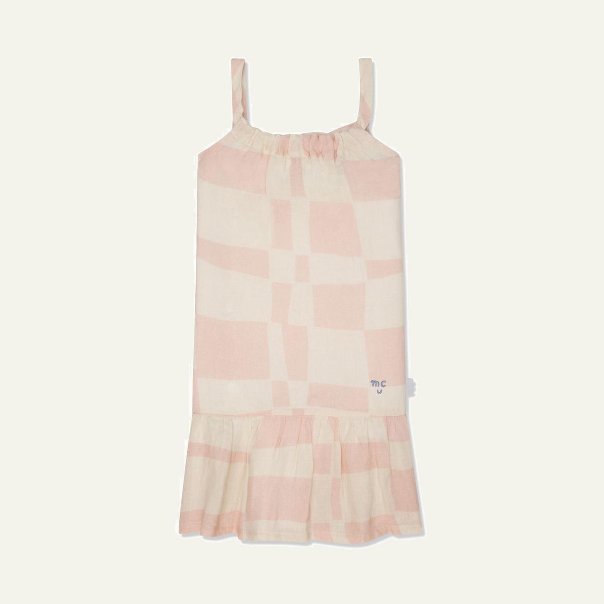 Checkered Linen Kid Dress - Natural/sepia Rose