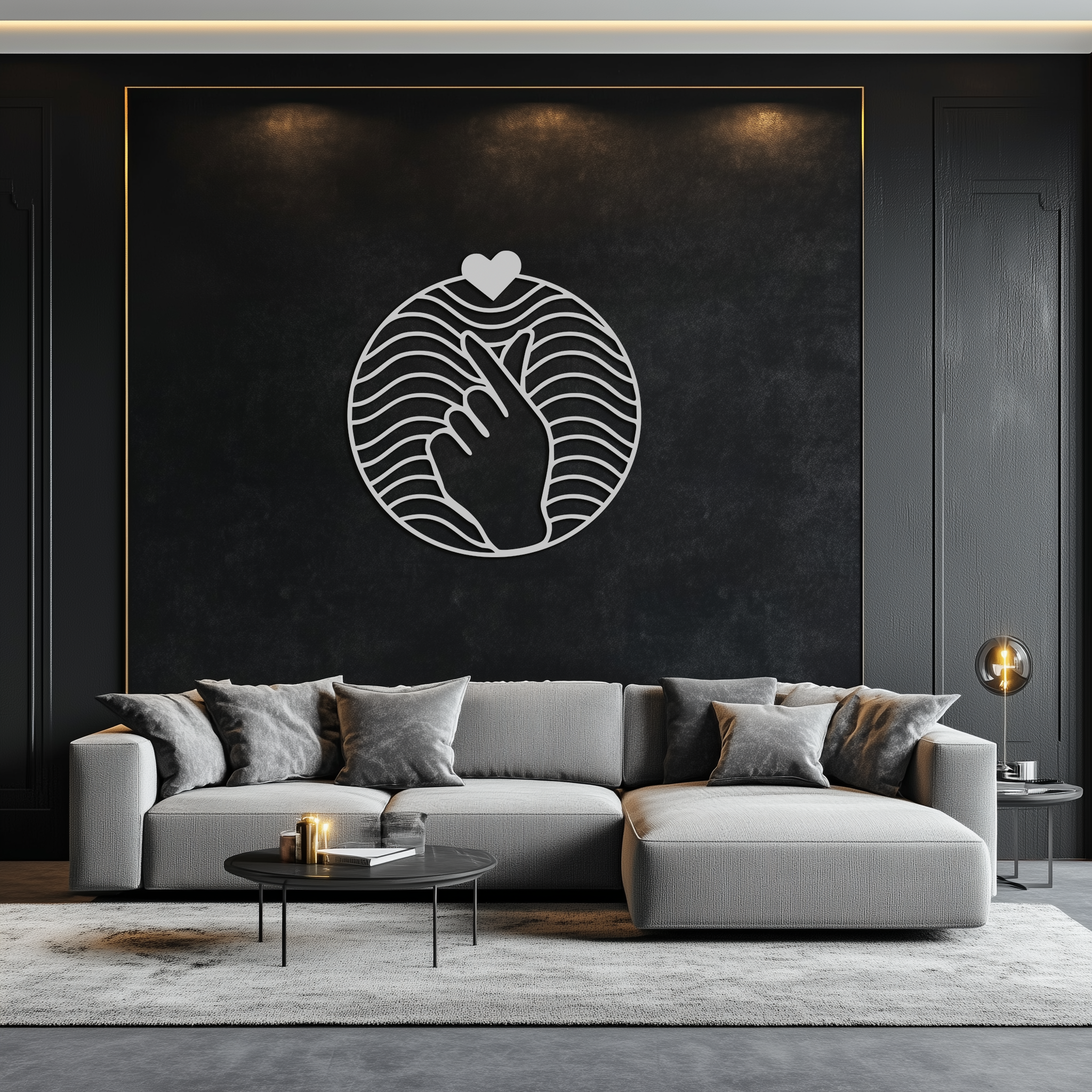 Heart Finger Love Sign Metal Wall Art - Round Minimalist Steel Decor - KAF056