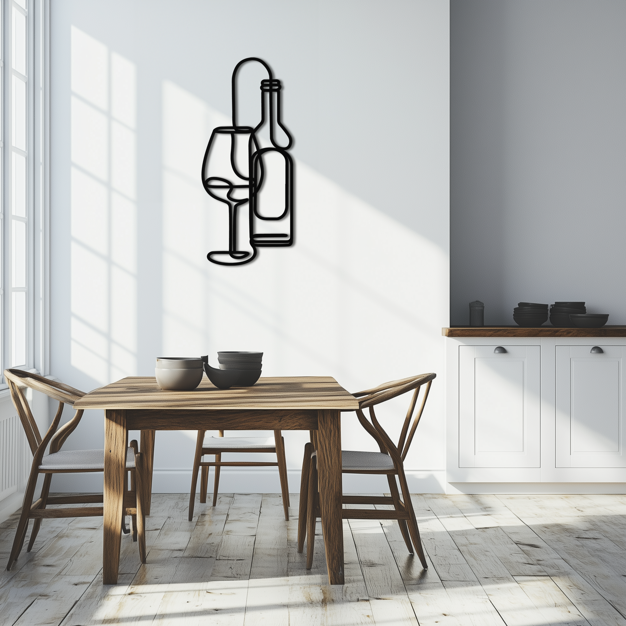 Wine Bottle & Glass Metal Wall Art - Modern Minimalist Bar Decor - KAF081