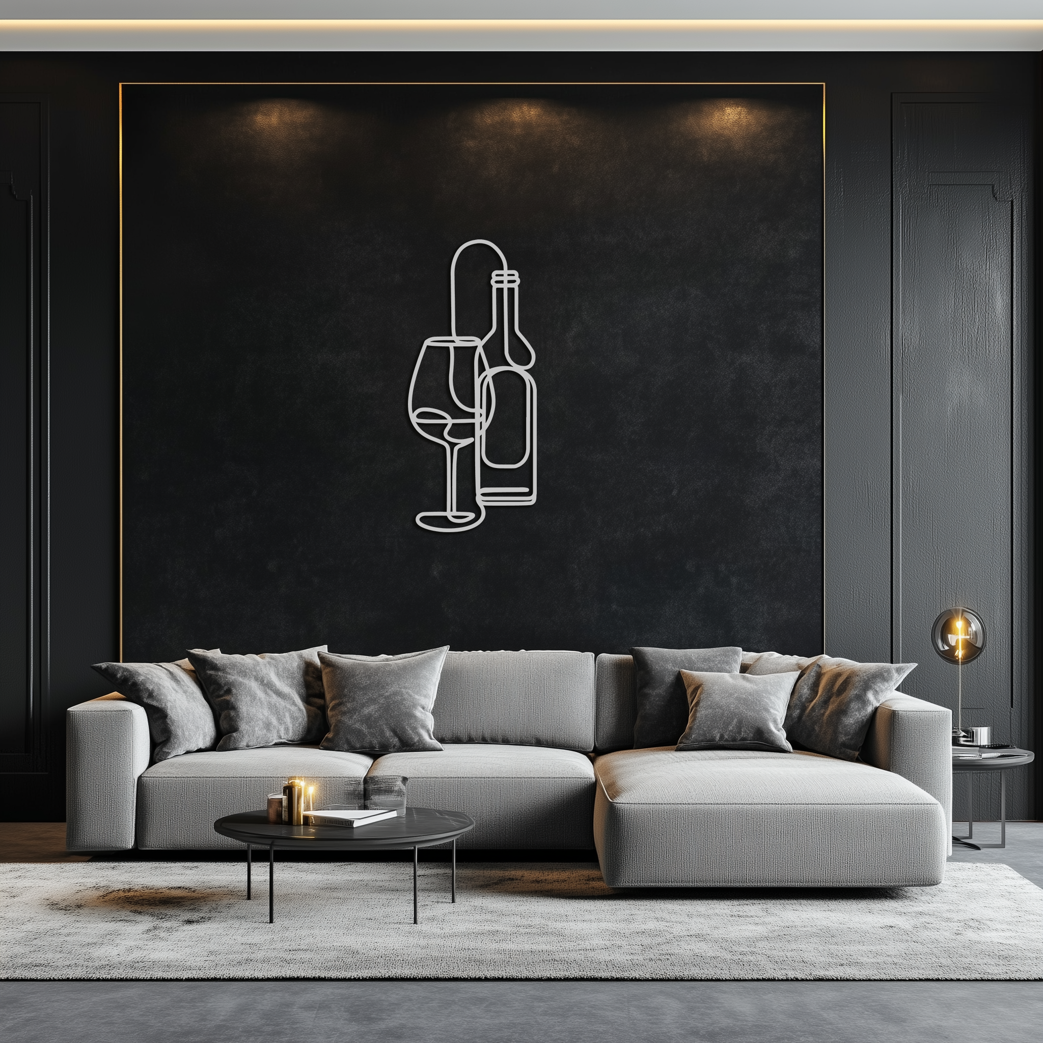 Wine Bottle & Glass Metal Wall Art - Modern Minimalist Bar Decor - KAF081