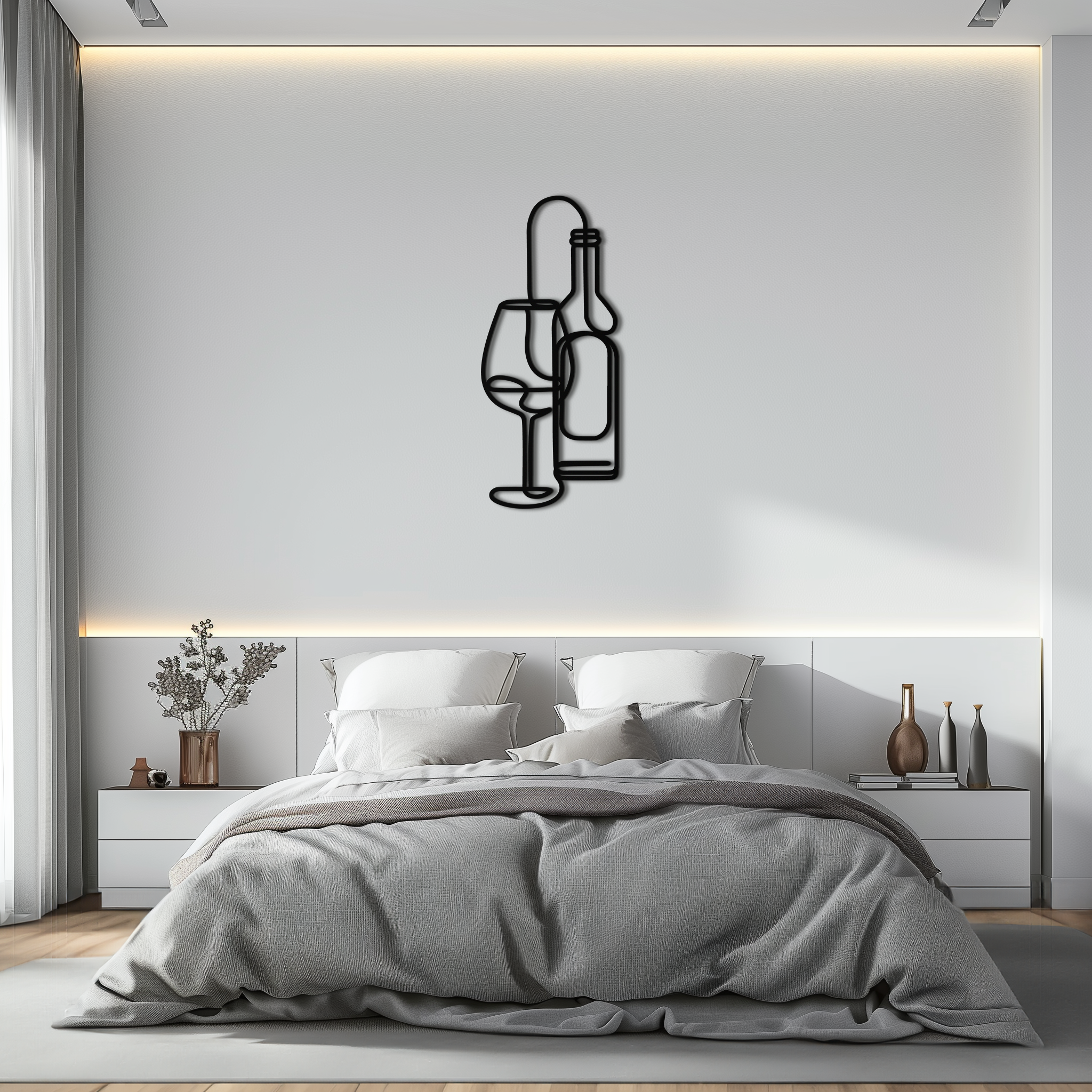 Wine Bottle & Glass Metal Wall Art - Modern Minimalist Bar Decor - KAF081