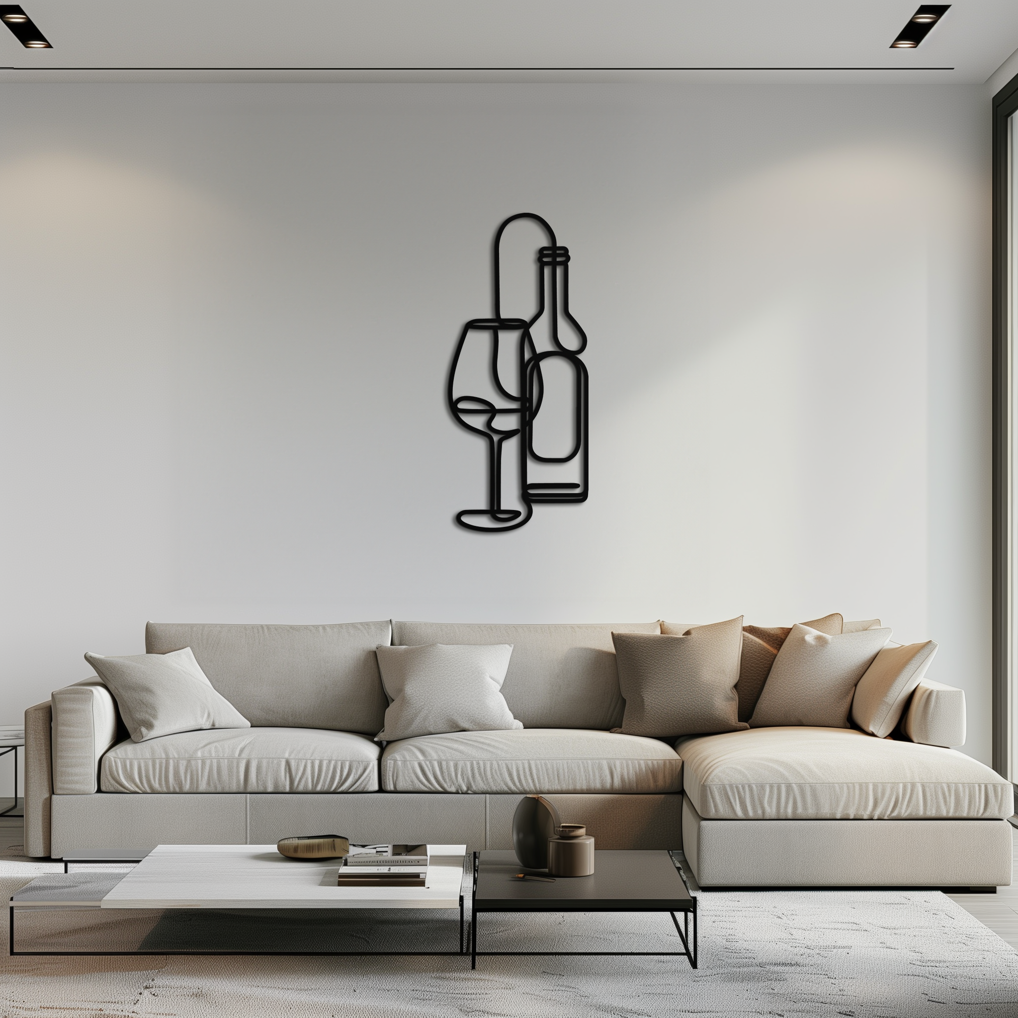 Wine Bottle & Glass Metal Wall Art - Modern Minimalist Bar Decor - KAF081