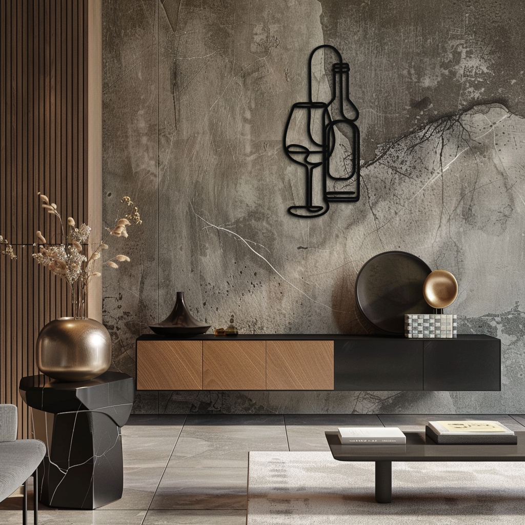 Wine Bottle & Glass Metal Wall Art - Modern Minimalist Bar Decor - KAF081