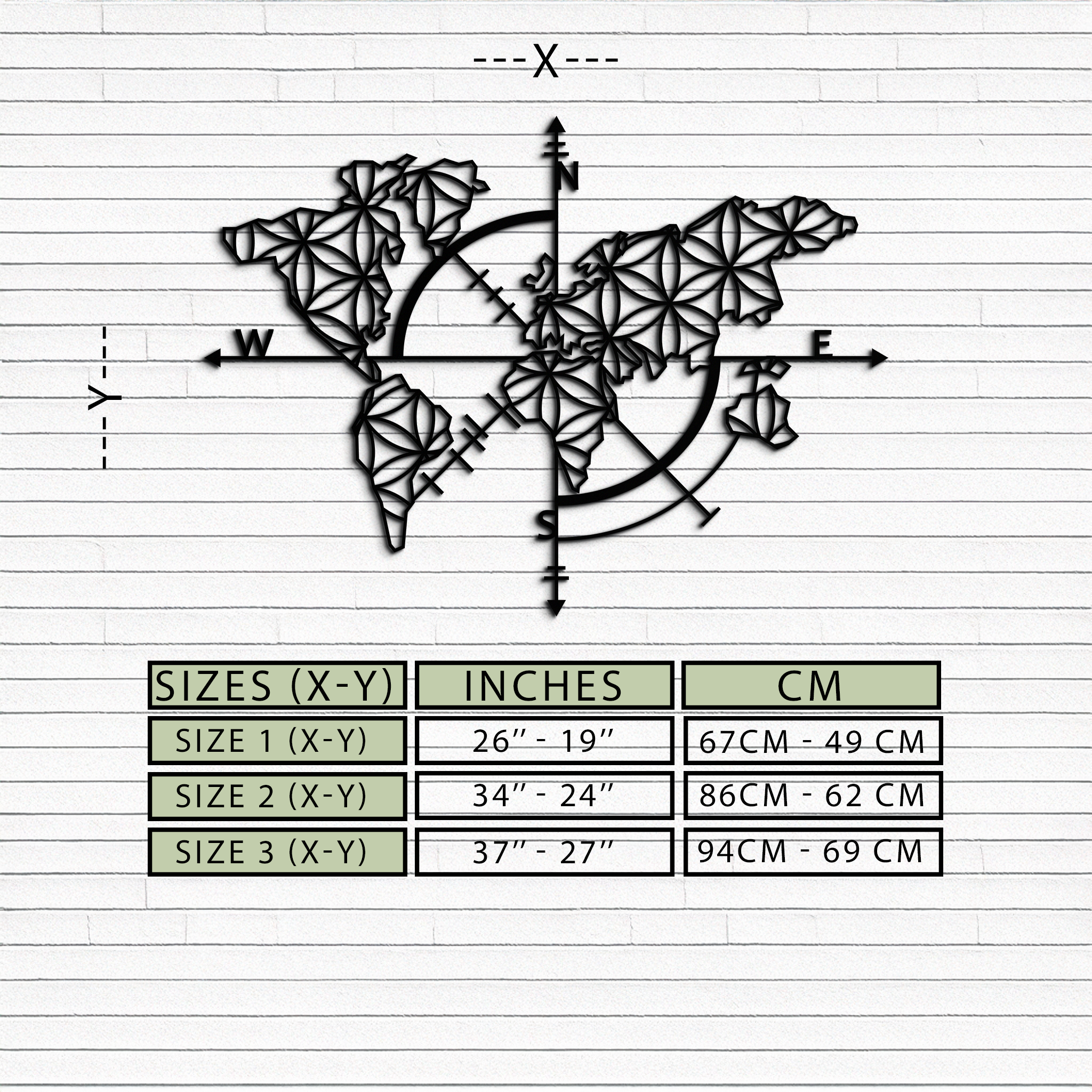 Geometric World Map Metal Wall Art - Modern Compass Wall Decor - KAF099