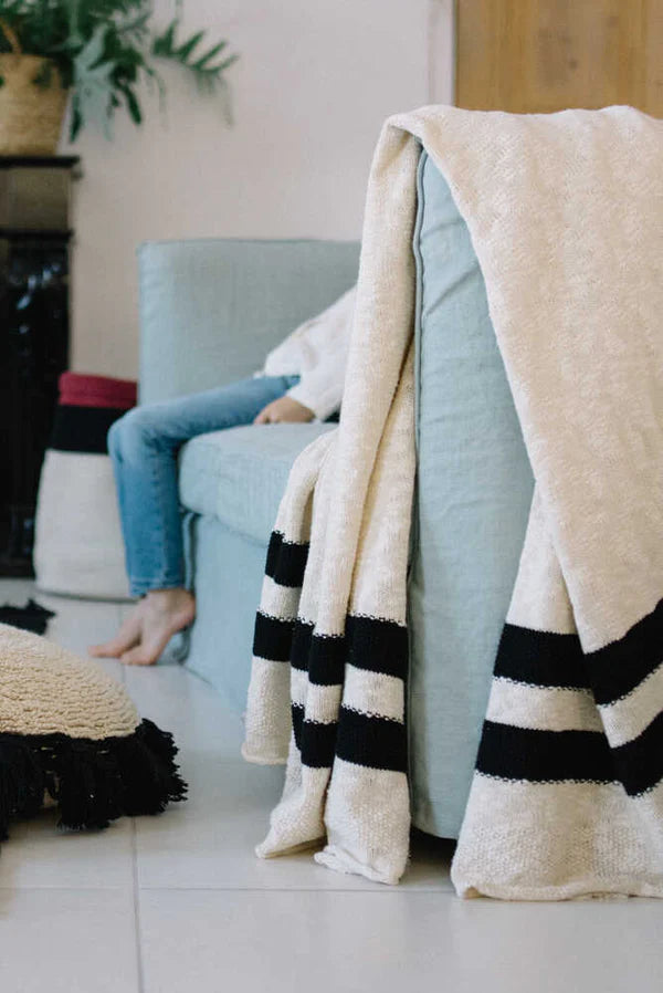 KNITTED BLANKET STRIPES NATURAL - BLACK Little Wonder & Co