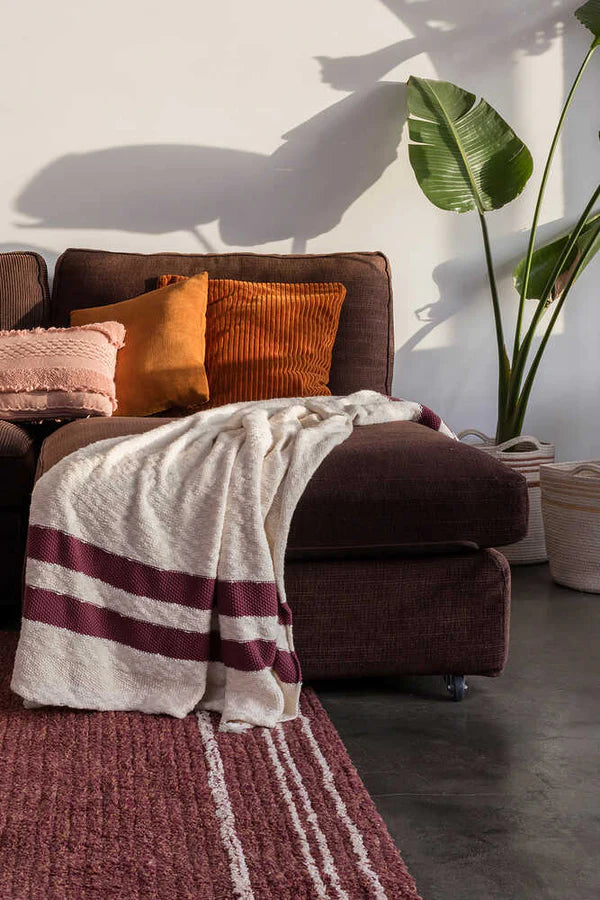 KNITTED BLANKET STRIPES NATURAL - BURGUNDY Little Wonder & Co