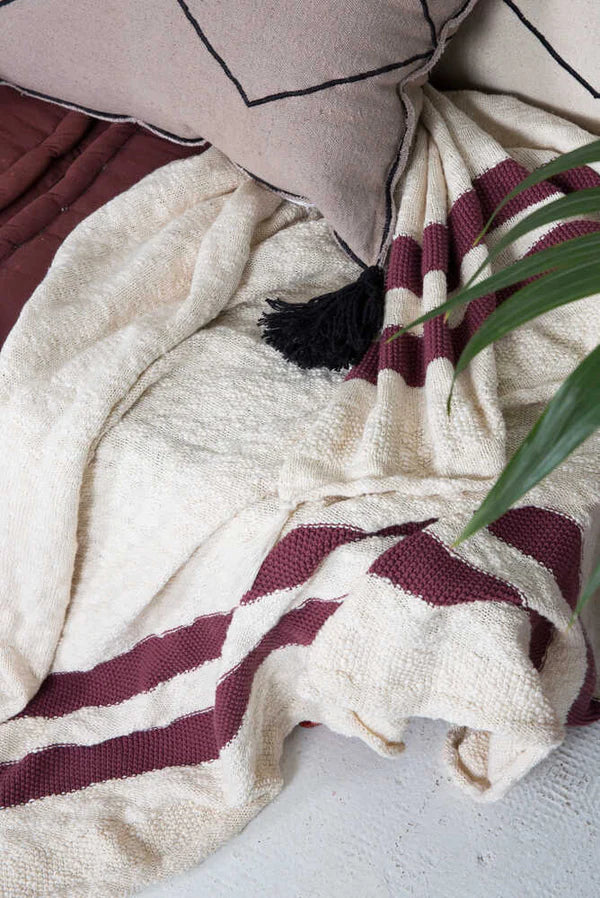 KNITTED BLANKET STRIPES NATURAL - BURGUNDY Little Wonder & Co