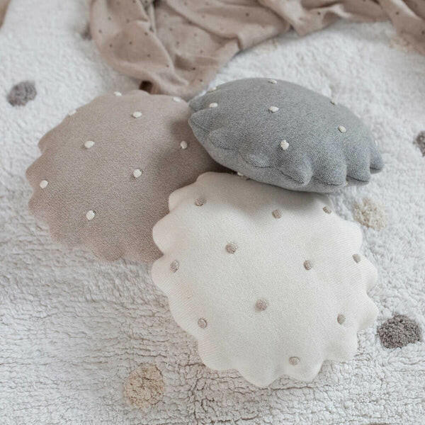 KNITTED CUSHION ROUND BISCUIT GREY Little Wonder & Co