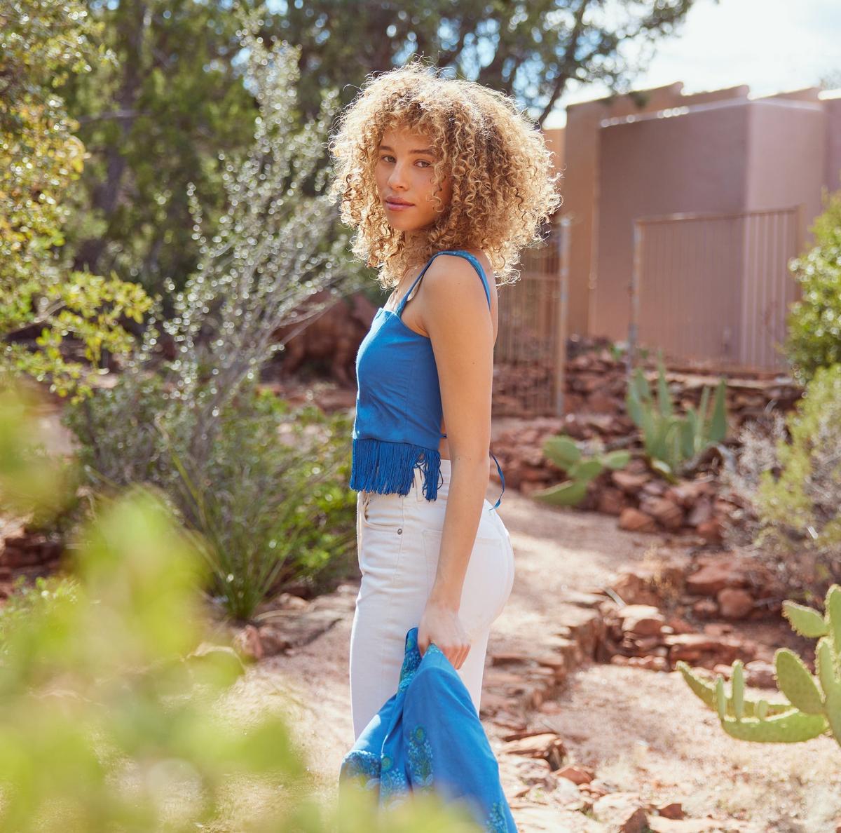 Brook Embroidered Fringe Tie Top - Prussian Blue/Placed Floral Embroidery