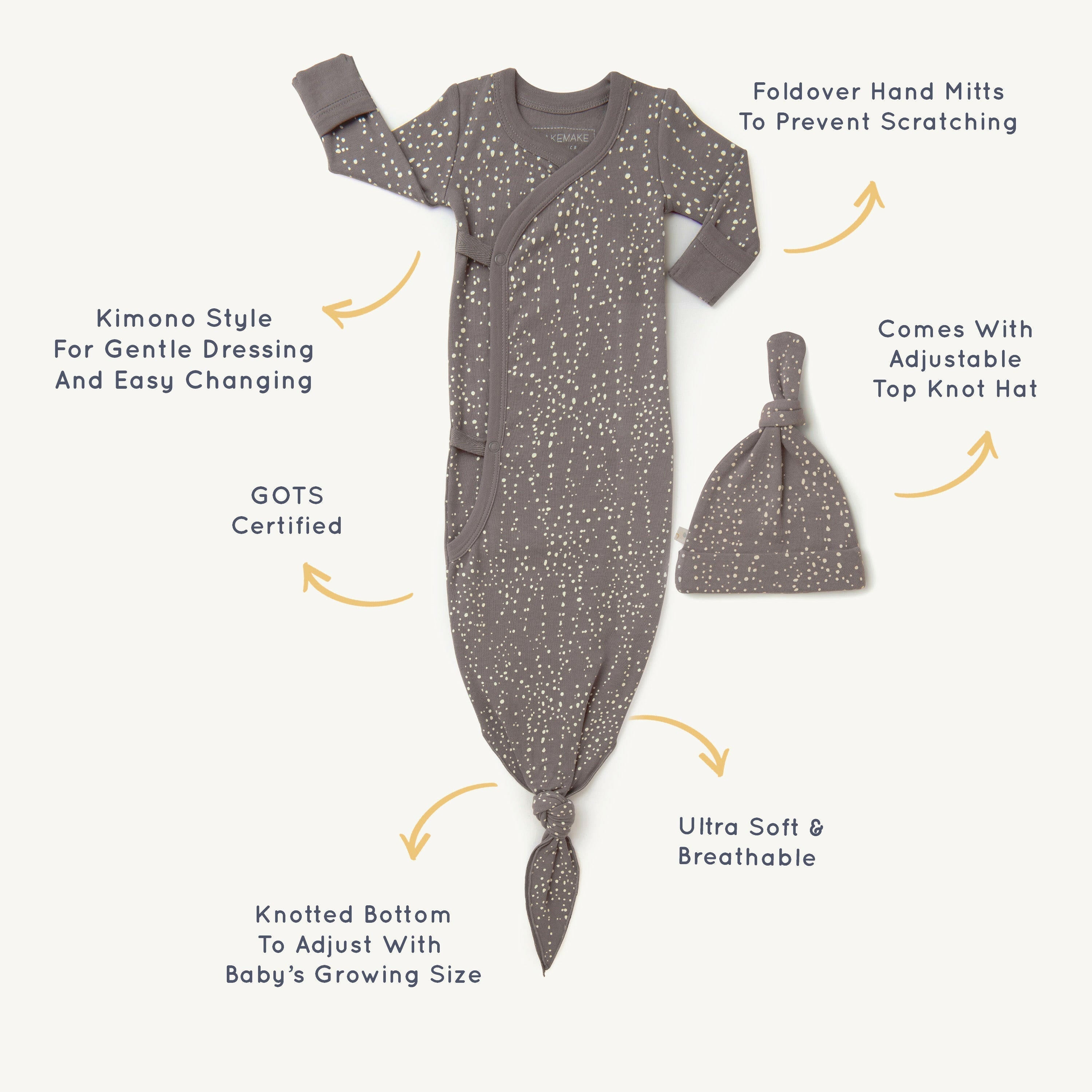 Organic Baby Sleep Gown Knotted - Speckle Kimono Knotted Gown Makemake Organics