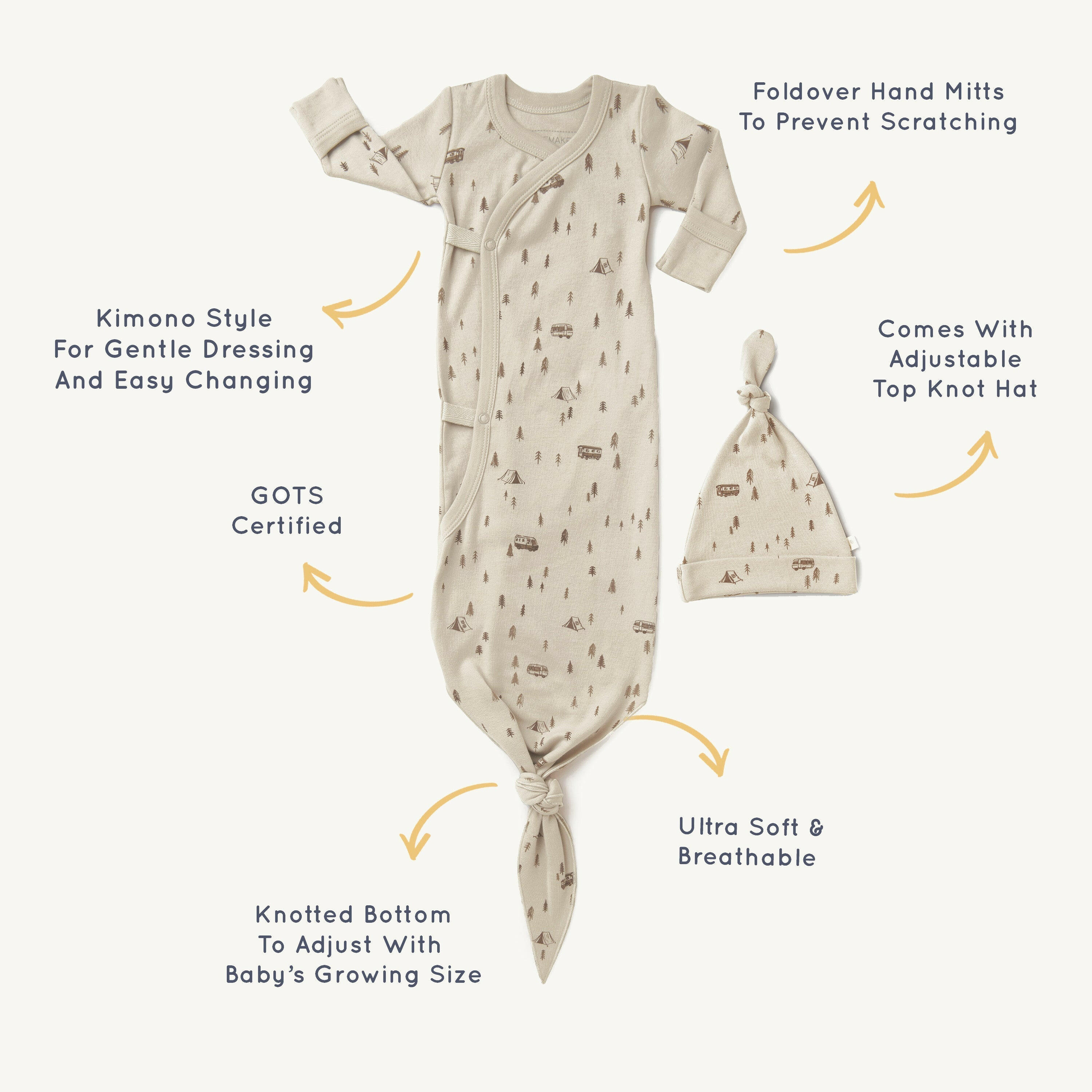 Organic Baby Sleep Gown Knotted - Camplife Kimono Knotted Gown Makemake Organics