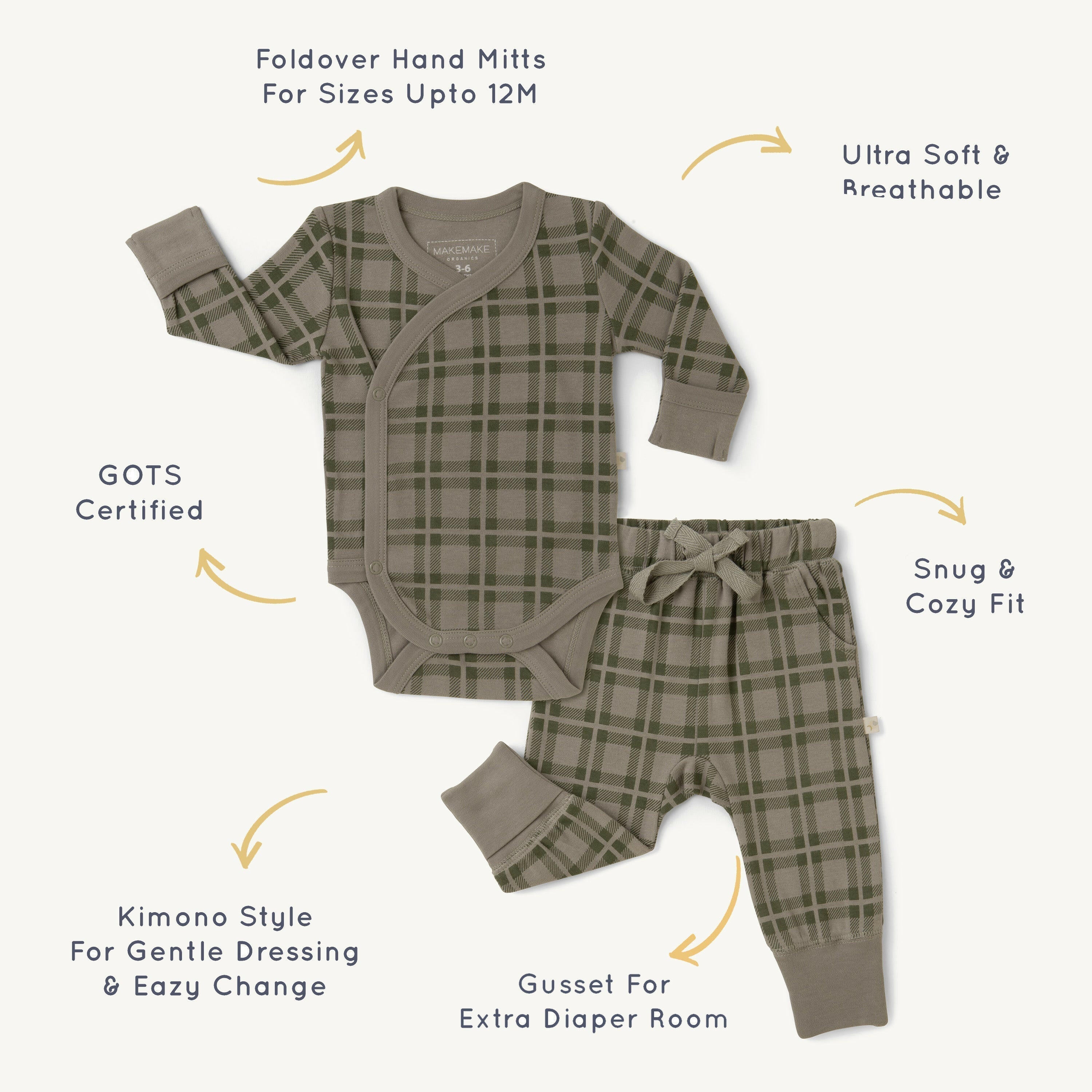 Organic Baby Onesie & Pants Outfit - Plaid Kimono Pant Set Makemake Organics