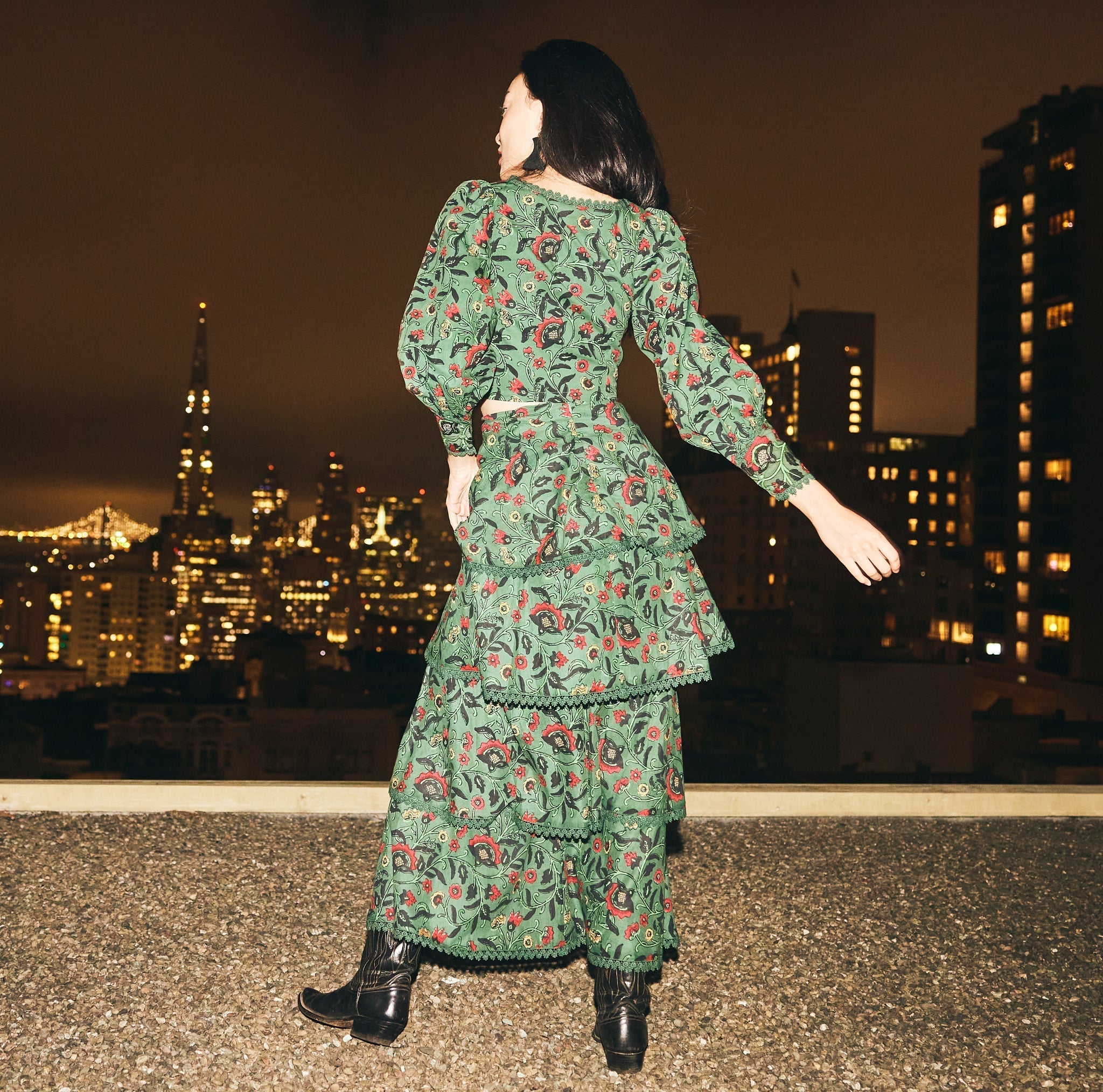 Brenda Tiered Skirt - Forest/Copper & Crimson Floral print