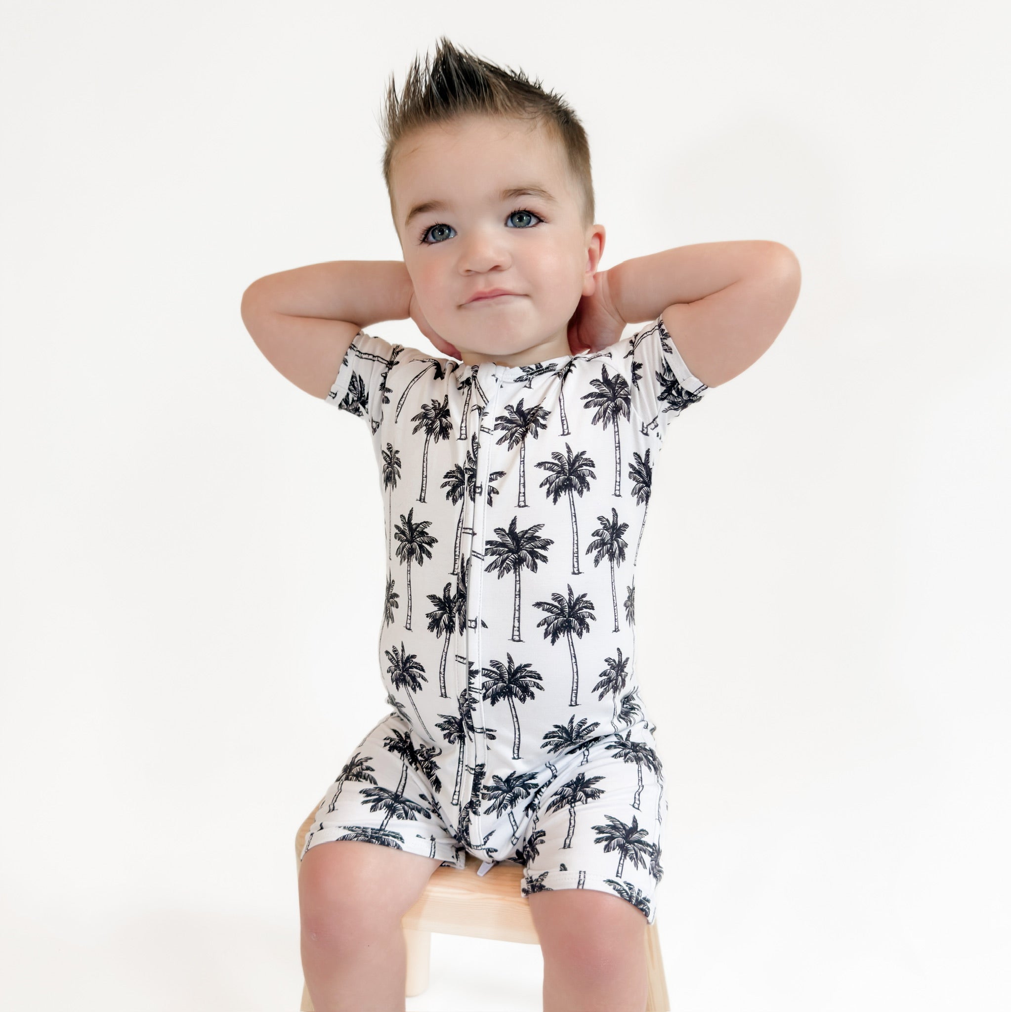 Bamboo Shorty Romper | Palm Style White