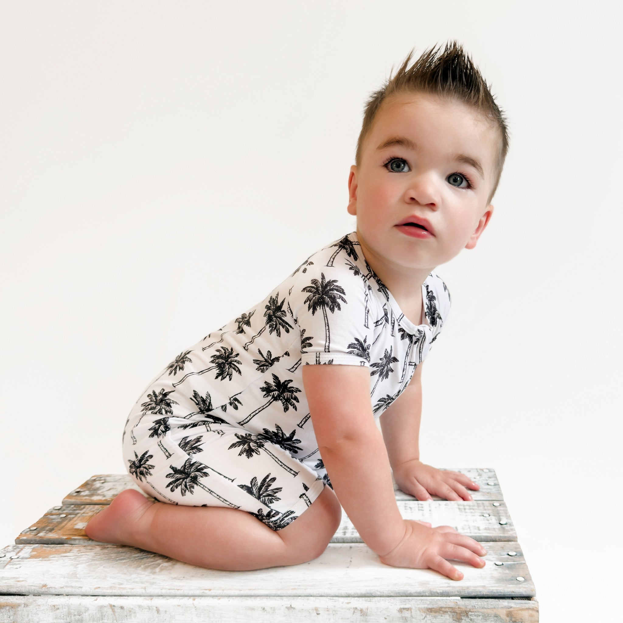 Bamboo Shorty Romper | Palm Style White