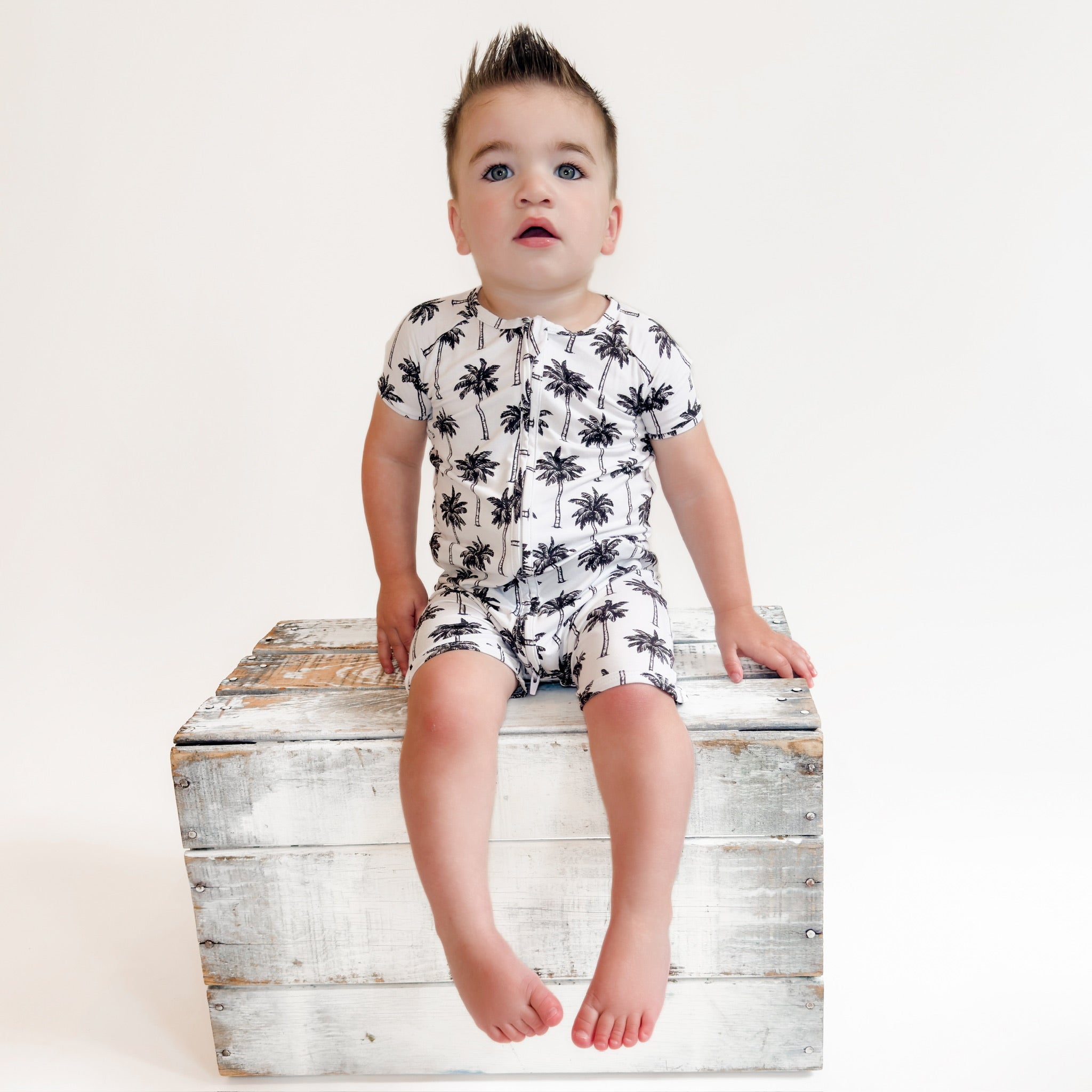 Bamboo Shorty Romper | Palm Style White