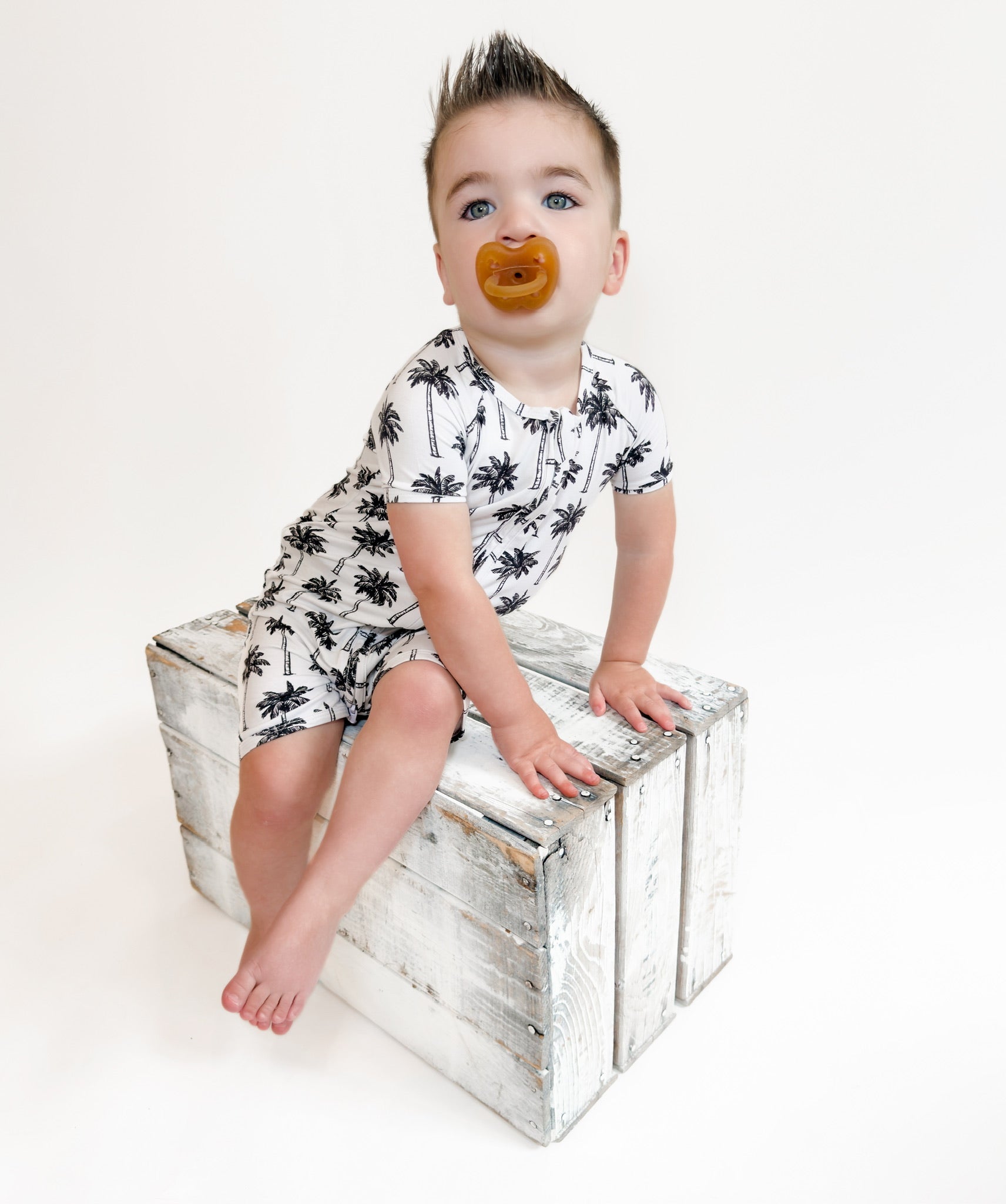 Bamboo Shorty Romper | Palm Style White