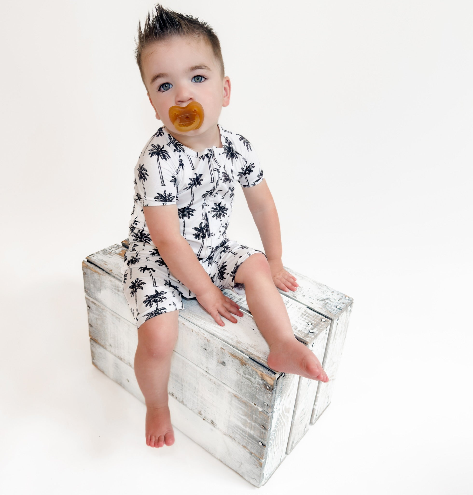 Bamboo Shorty Romper | Palm Style White