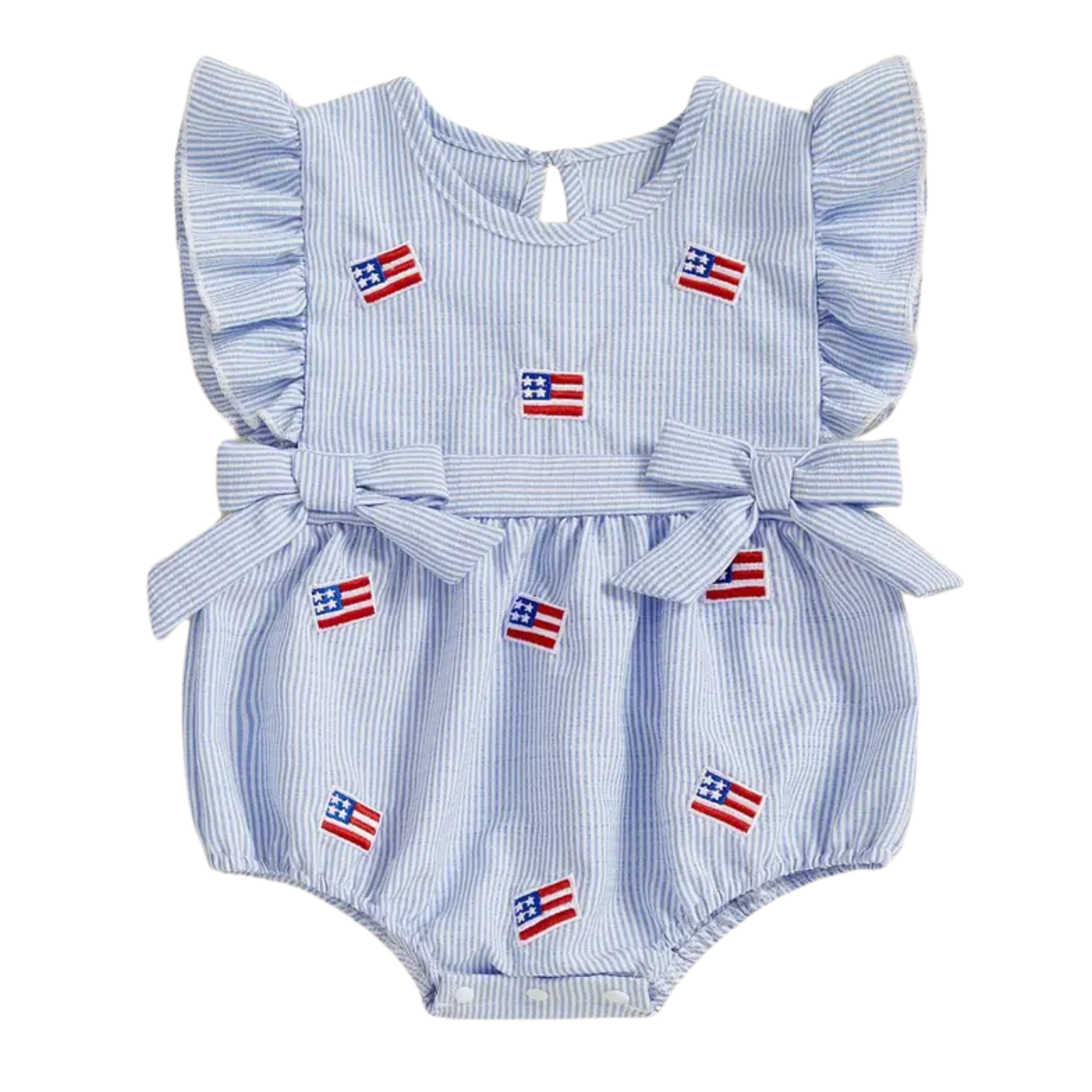 4th of July Embroidered Flag Print Baby Girl Bubble Romper