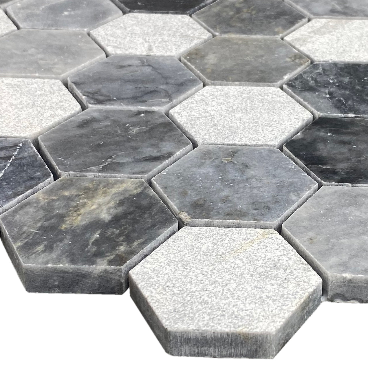 Luna Sky Marble 2" Hexagon Mixed Finish on 12" x 12" Mesh Mosaic Tile - Belair Collection