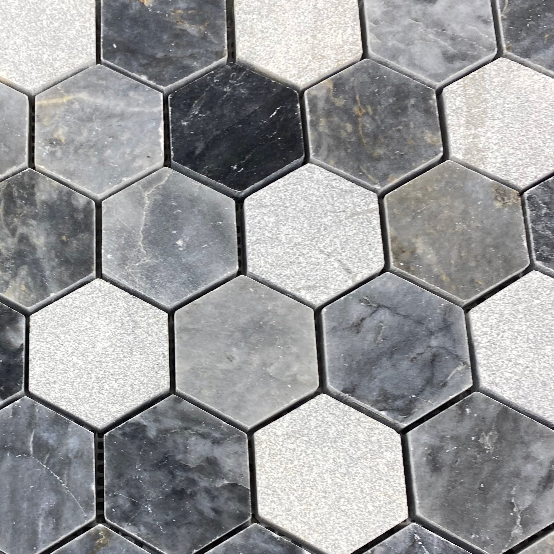 Luna Sky Marble 2" Hexagon Mixed Finish on 12" x 12" Mesh Mosaic Tile - Belair Collection