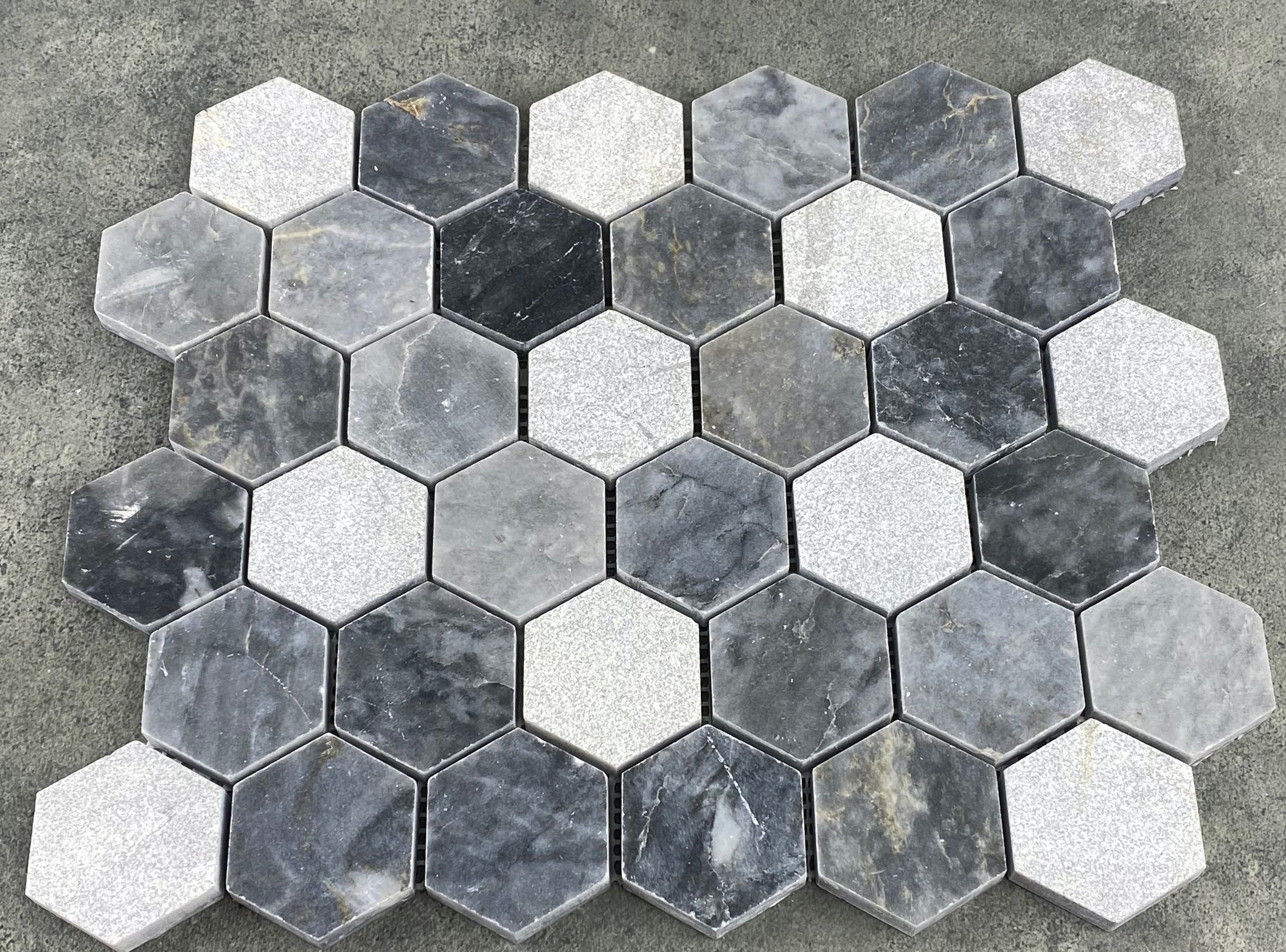 Luna Sky Marble 2" Hexagon Mixed Finish on 12" x 12" Mesh Mosaic Tile - Belair Collection
