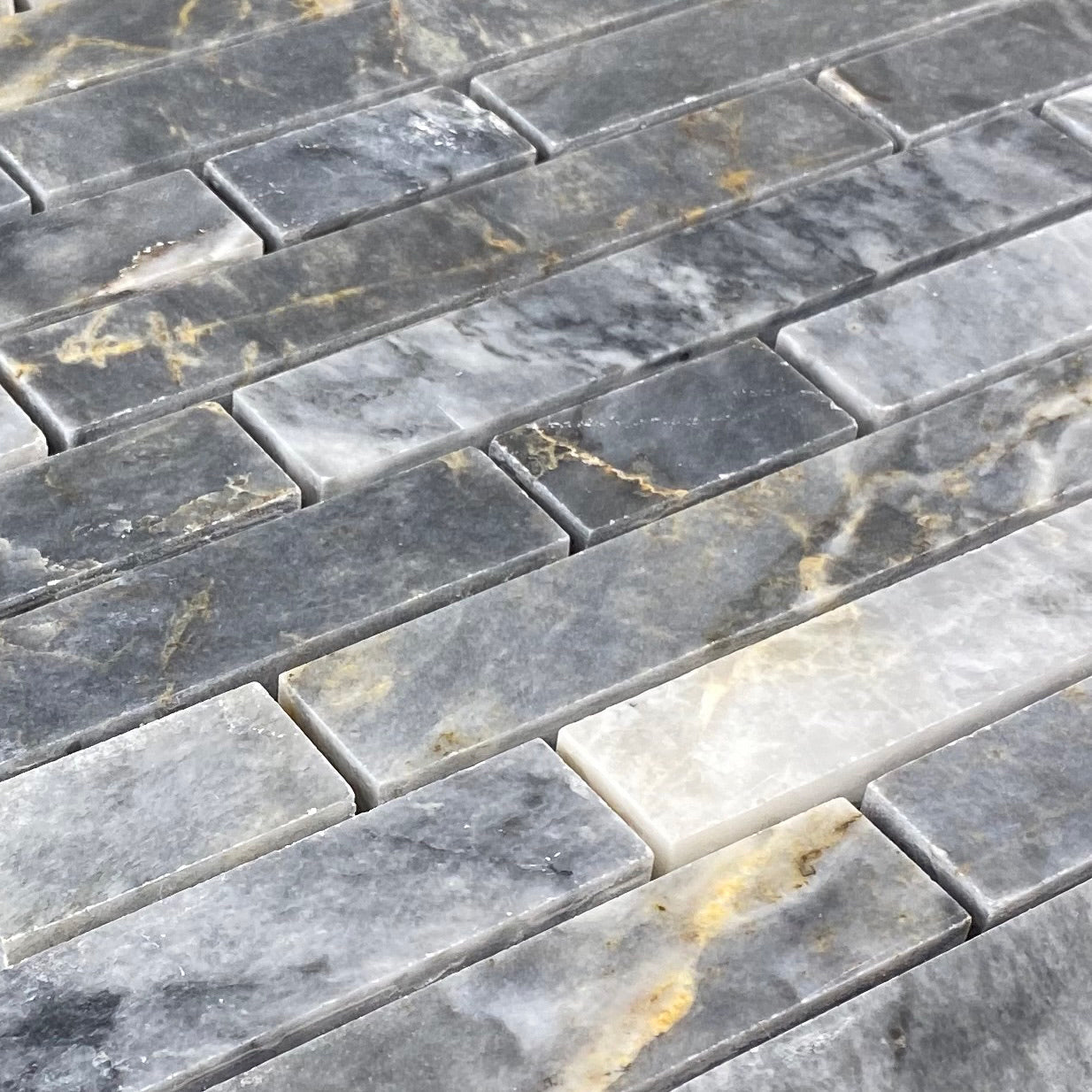 Luna Sky Marble Strip Liner on 12" x 12" Mesh Mosaic Tile - Belair Collection