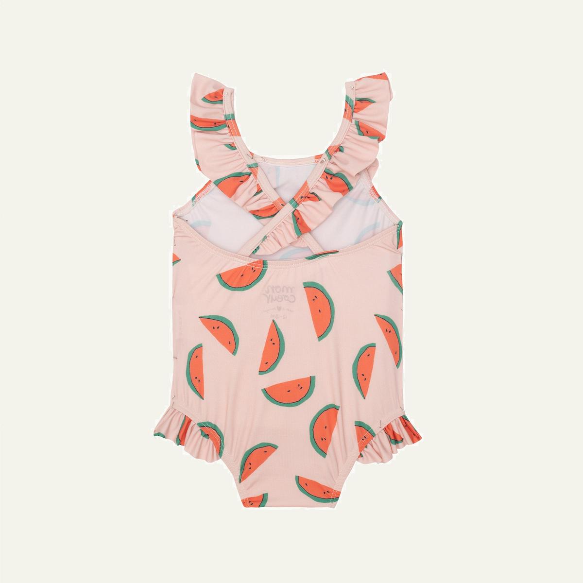 Recycled Polyester Watermelon Slices Ruffle Baby Swimsuit - Sepia Rose/multi