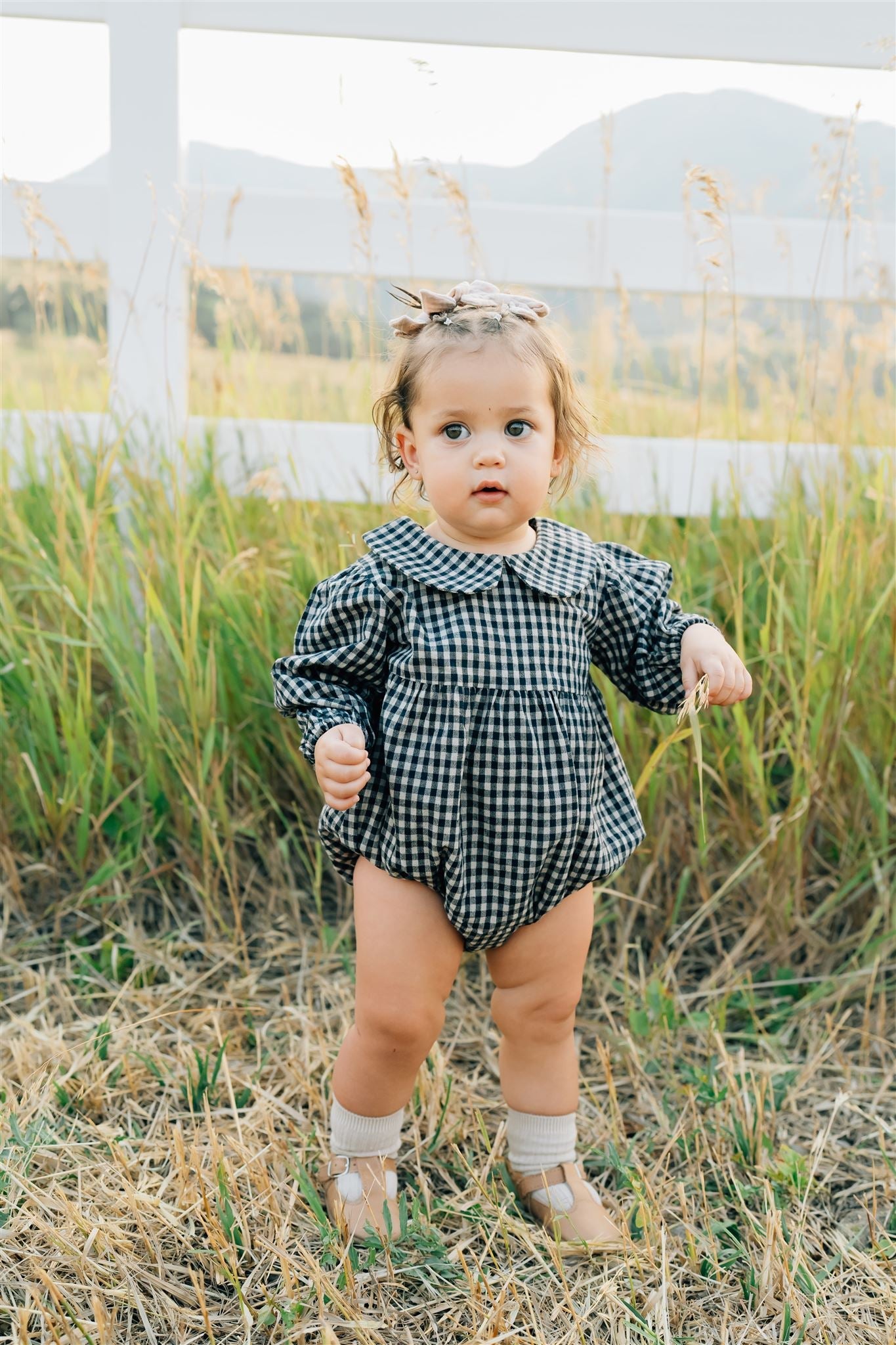 Gingham Peter Pan Collar Long Sleeve Bubble Romper Mebie Baby