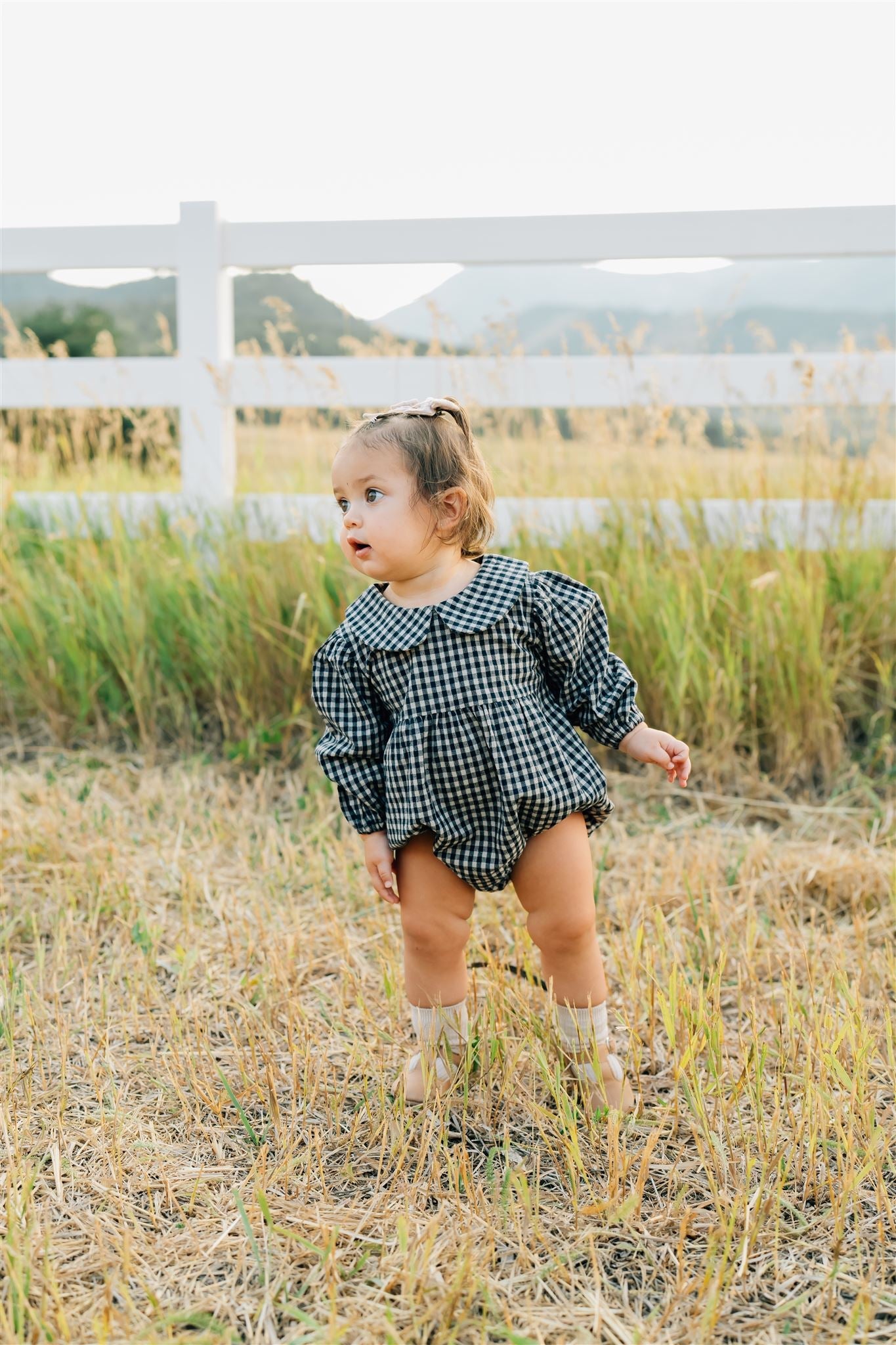 Gingham Peter Pan Collar Long Sleeve Bubble Romper Mebie Baby