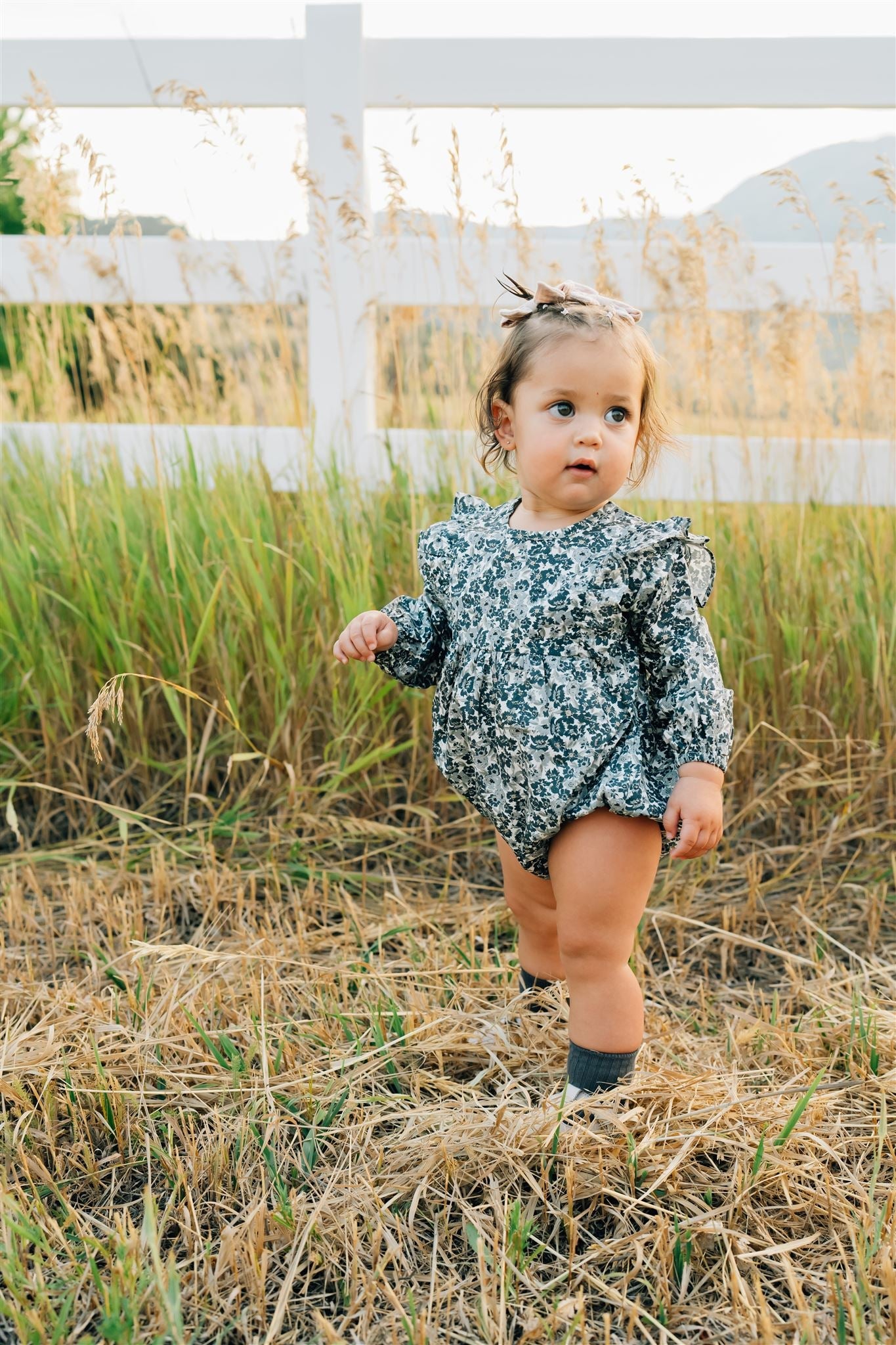 Liberty Floral Long Sleeve Ruffle Bubble Romper Mebie Baby