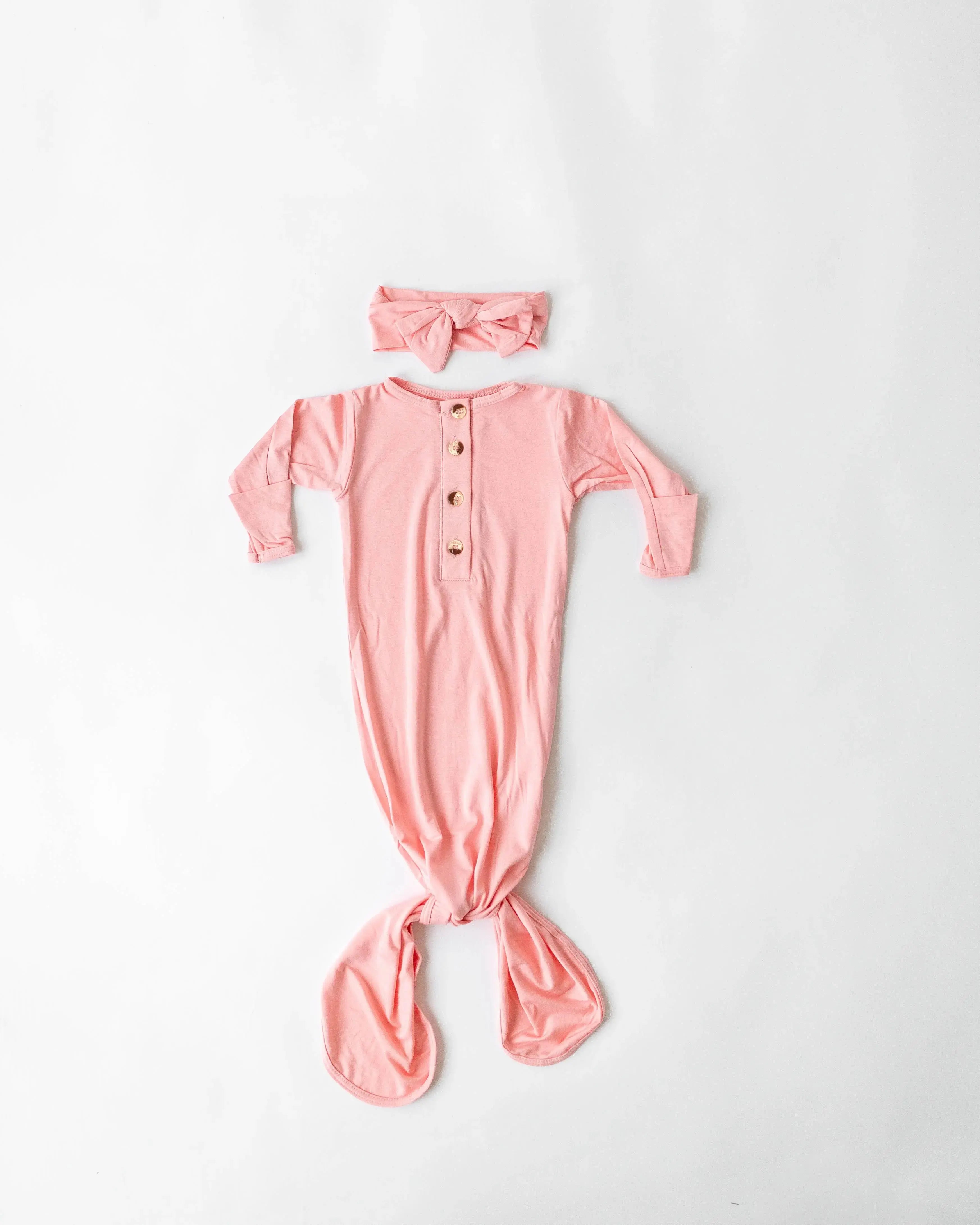 Newborn Knotted Baby Gown and Hat Set with Headband - Pink