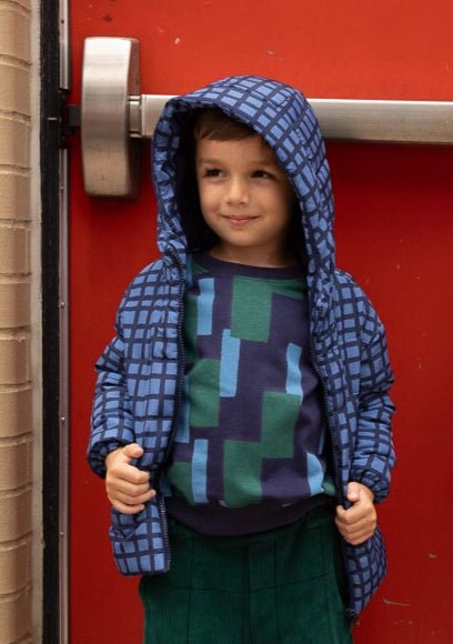 Recycled Nylon Blue Grid Puffer