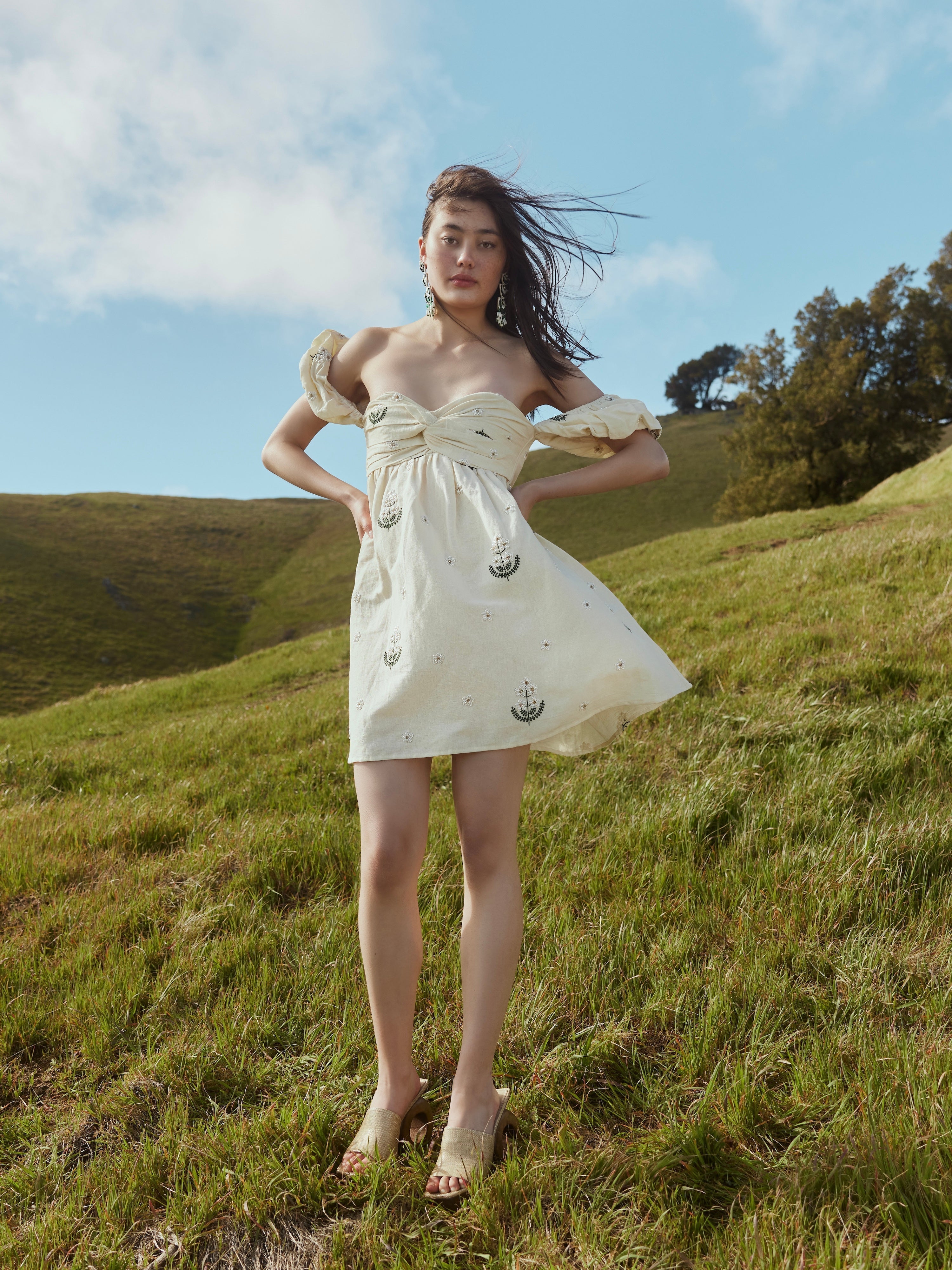 Meadow Beaded Puff Sleeve Mini Dress - Cream Crochet/Multicolor Floral Embroidery