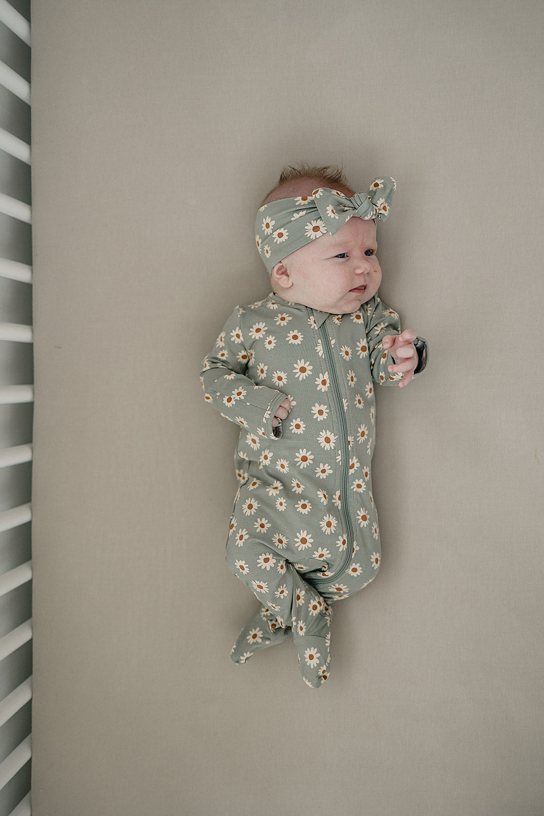 Light Green Daisy Footed Bamboo Zipper Mebie Baby