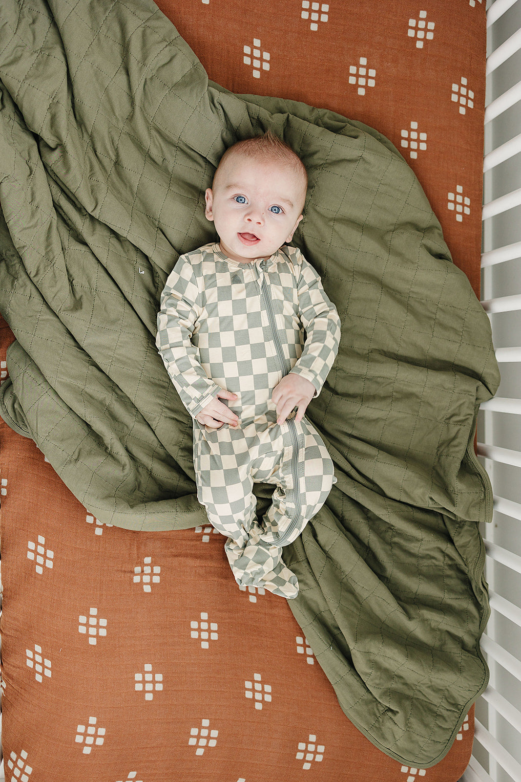 Light Green Checkered Footed Bamboo Zipper Mebie Baby