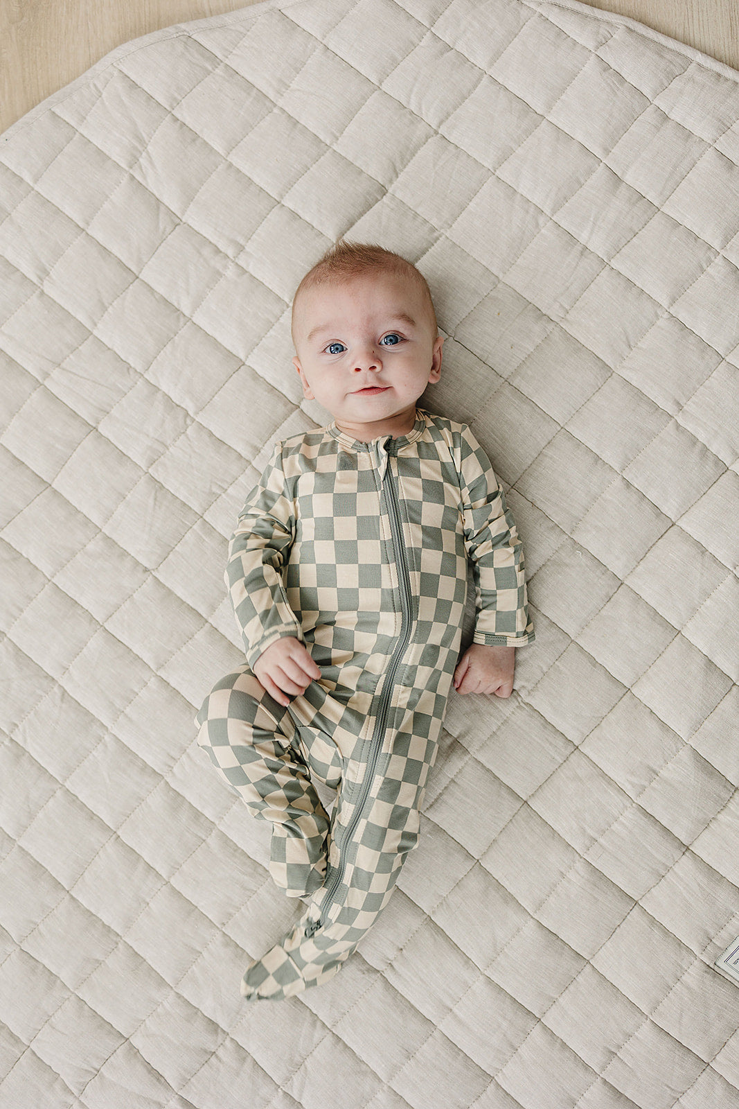Light Green Checkered Footed Bamboo Zipper Mebie Baby