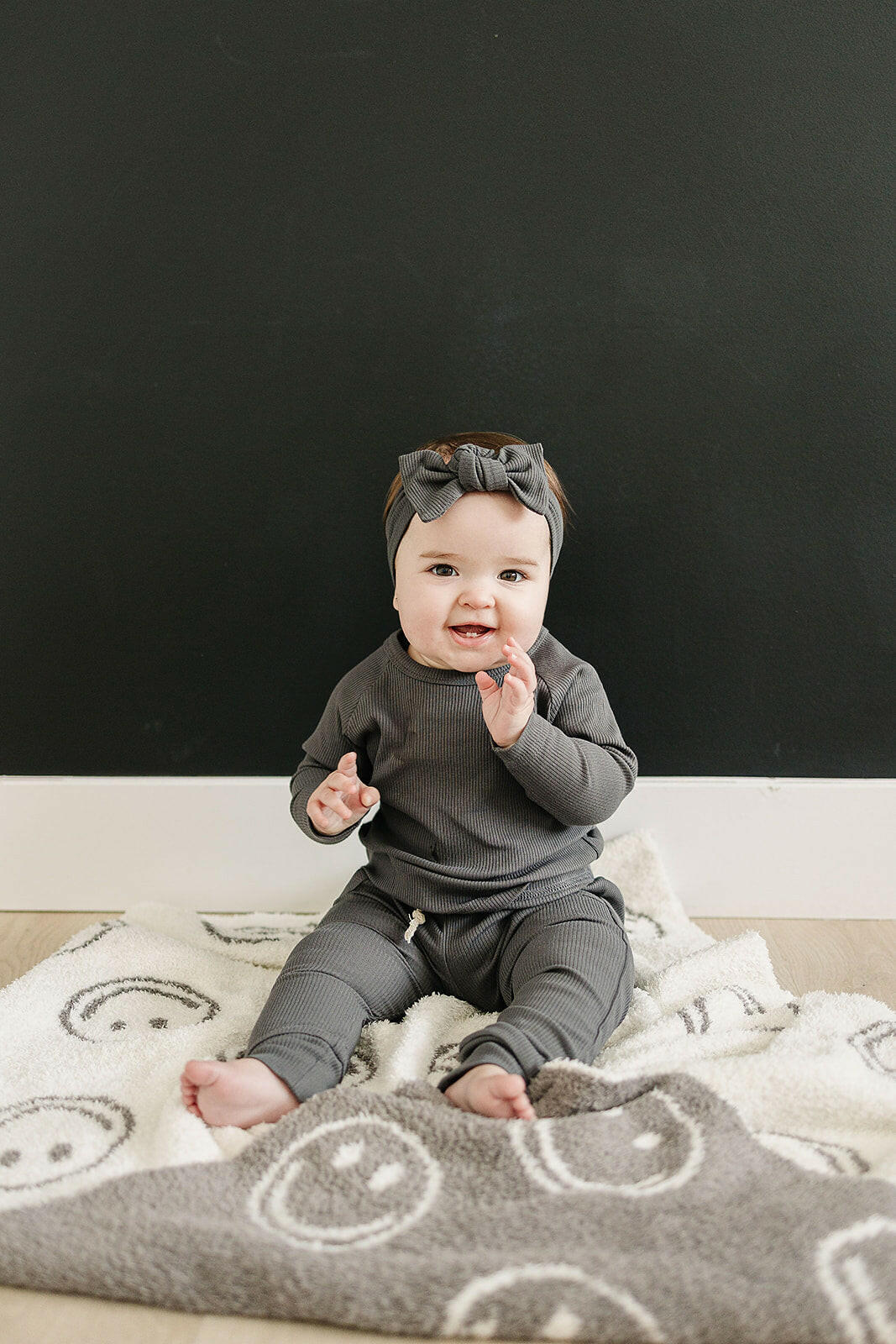 Charcoal Smiley Taupe Plush Blanket  Mebie Baby