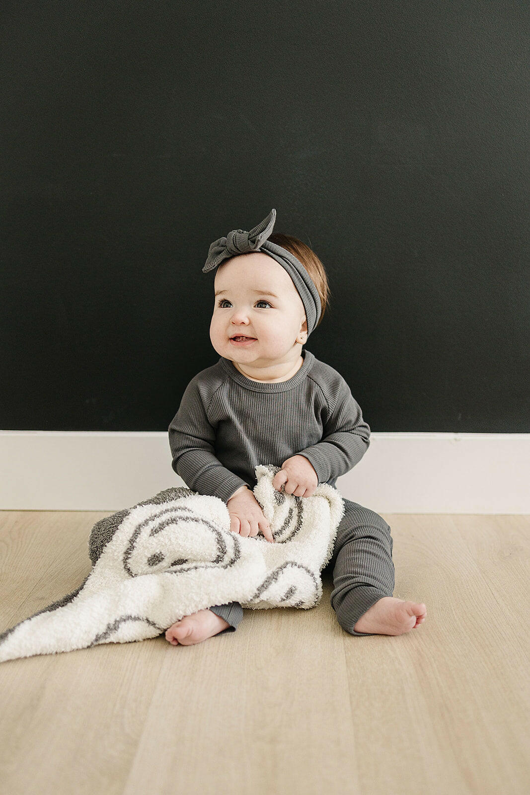 Charcoal Smiley Taupe Plush Blanket  Mebie Baby
